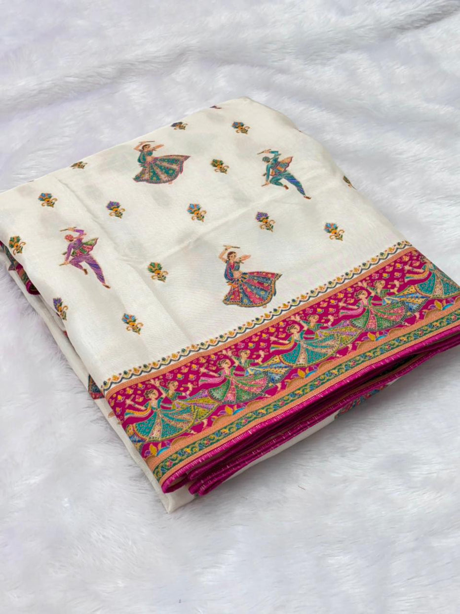 White Pure Viscose Silk Position Printed Traditional Saree