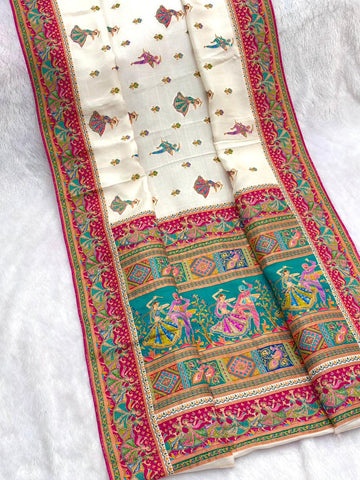 White Pure Viscose Silk Position Printed Traditional Saree