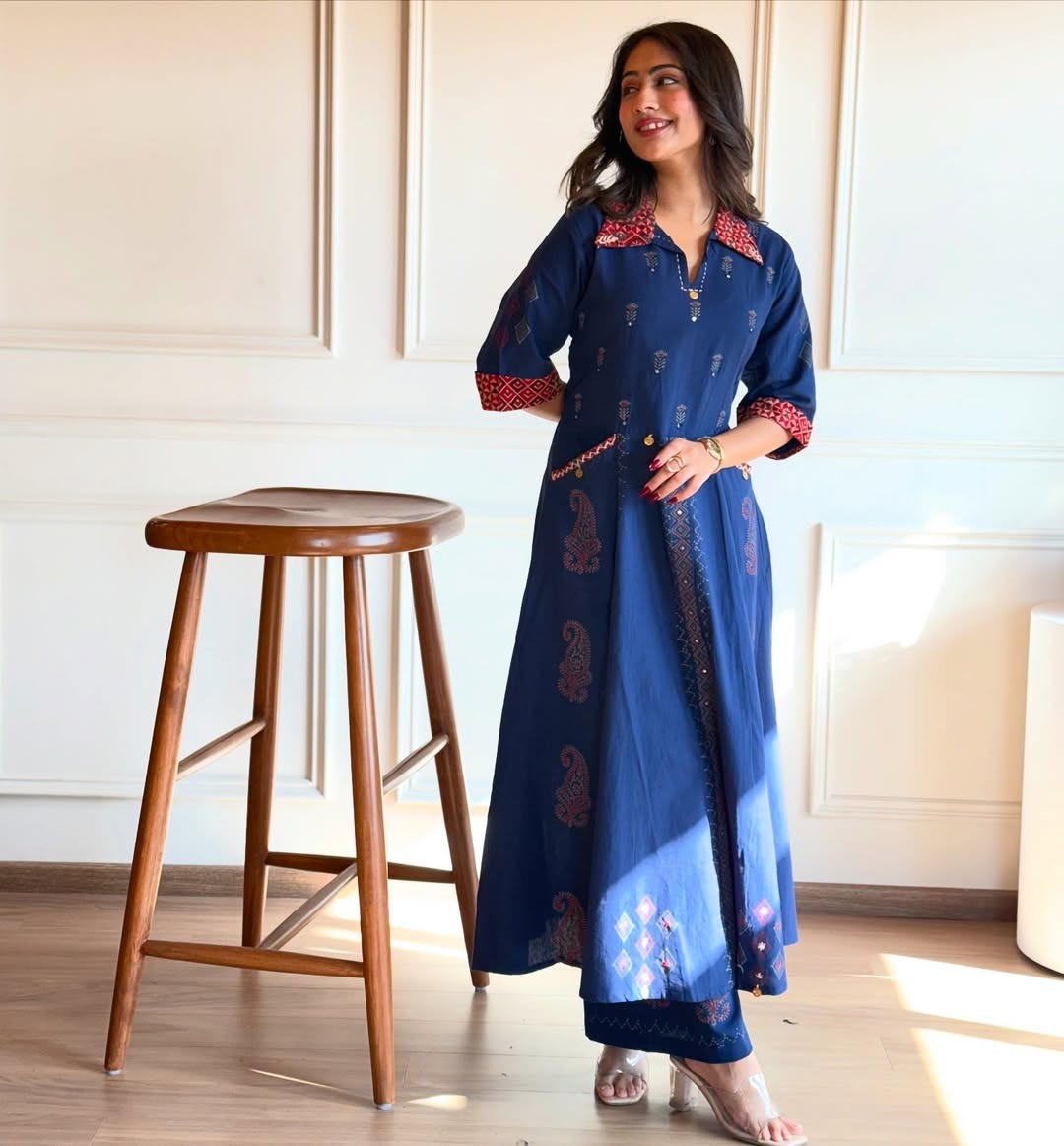 Blue Pure Mix Cotton Kurti Plazo