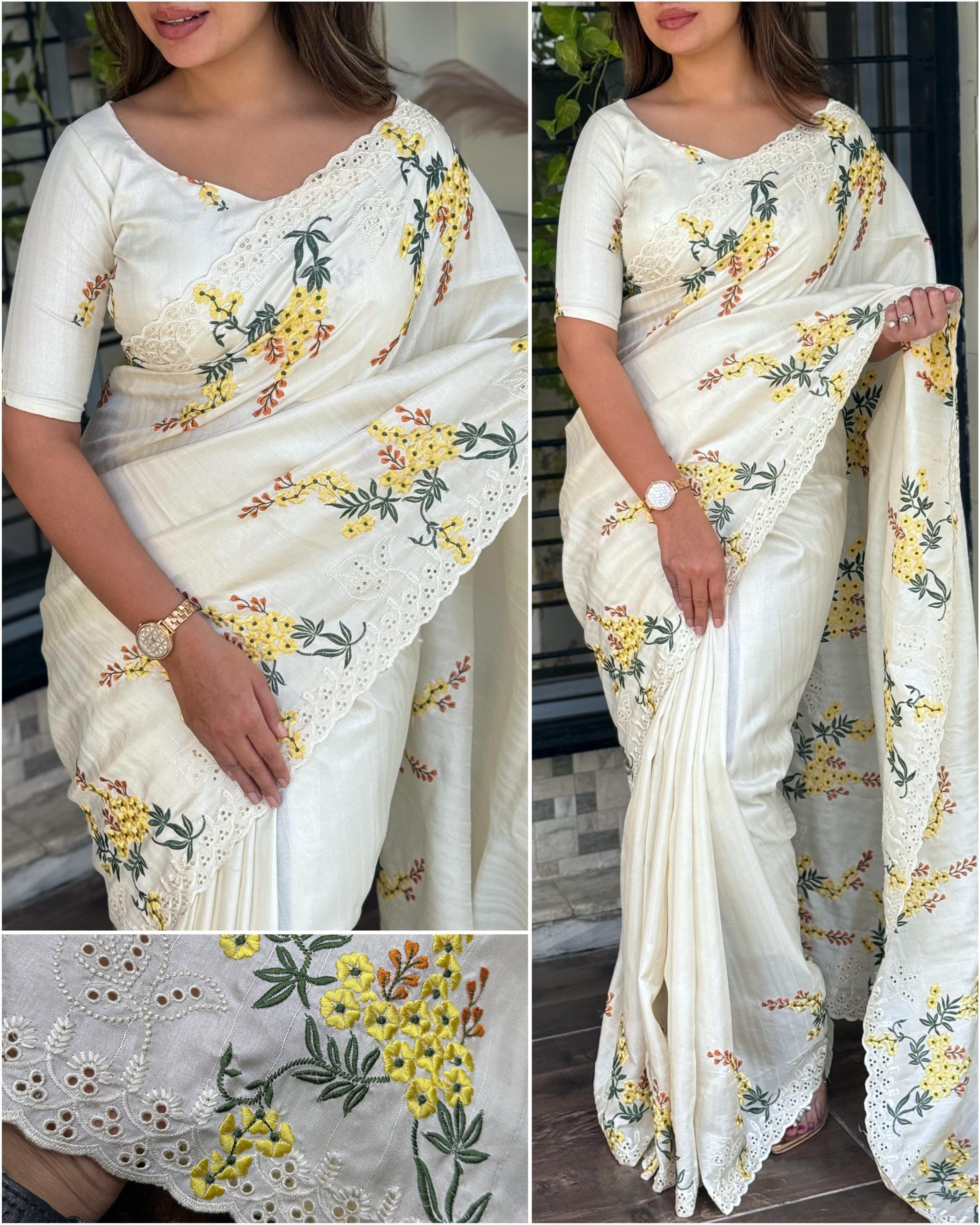 White Pure Tussar Heavy Embroidery Tushar Cotton Saree Tussar Saree Anant Tex Exports Pvt.Ltd..