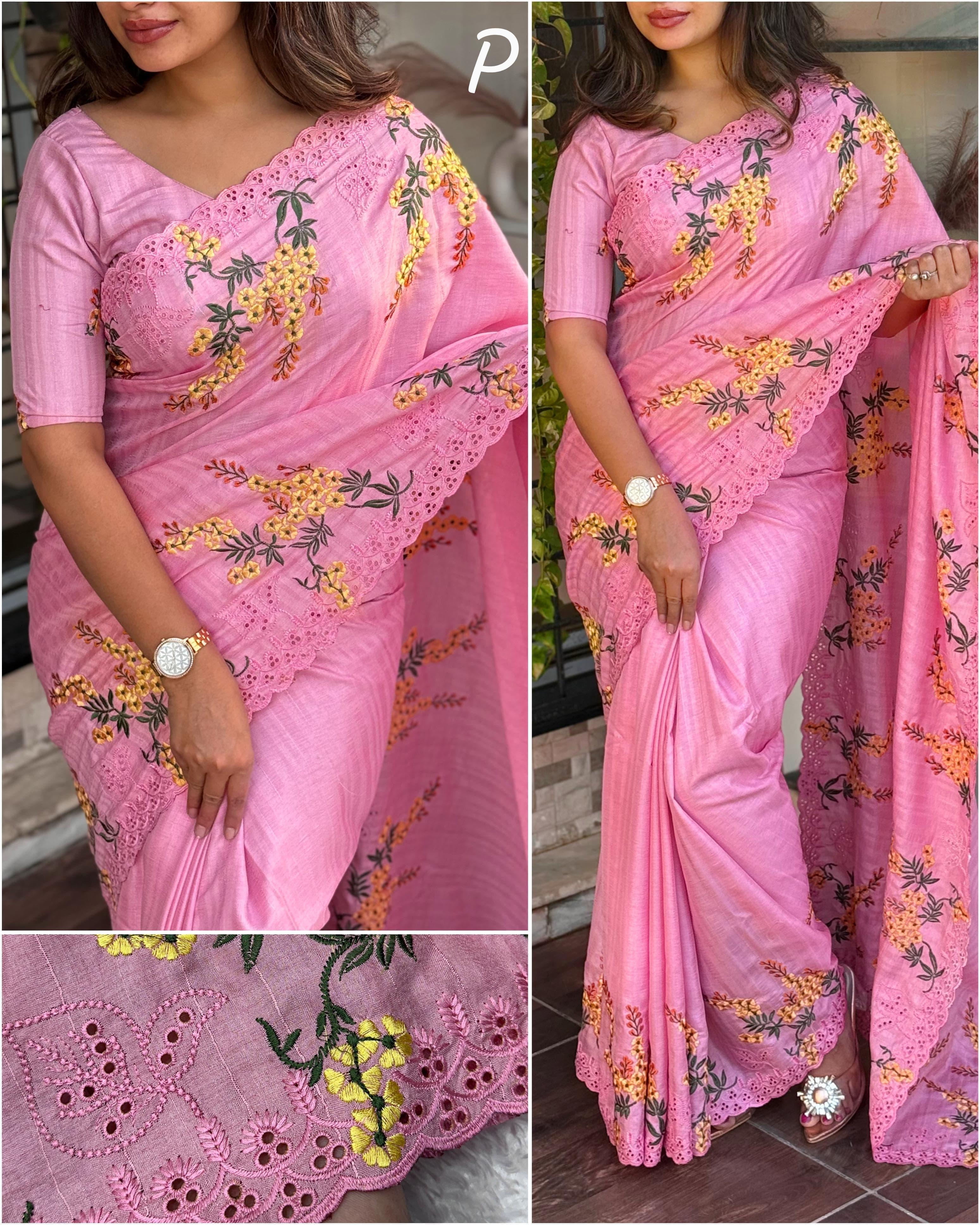 Pink Pure Tussar Heavy Embroidery Tushar Cotton Saree Tussar Saree Anant Tex Exports Pvt.Ltd..