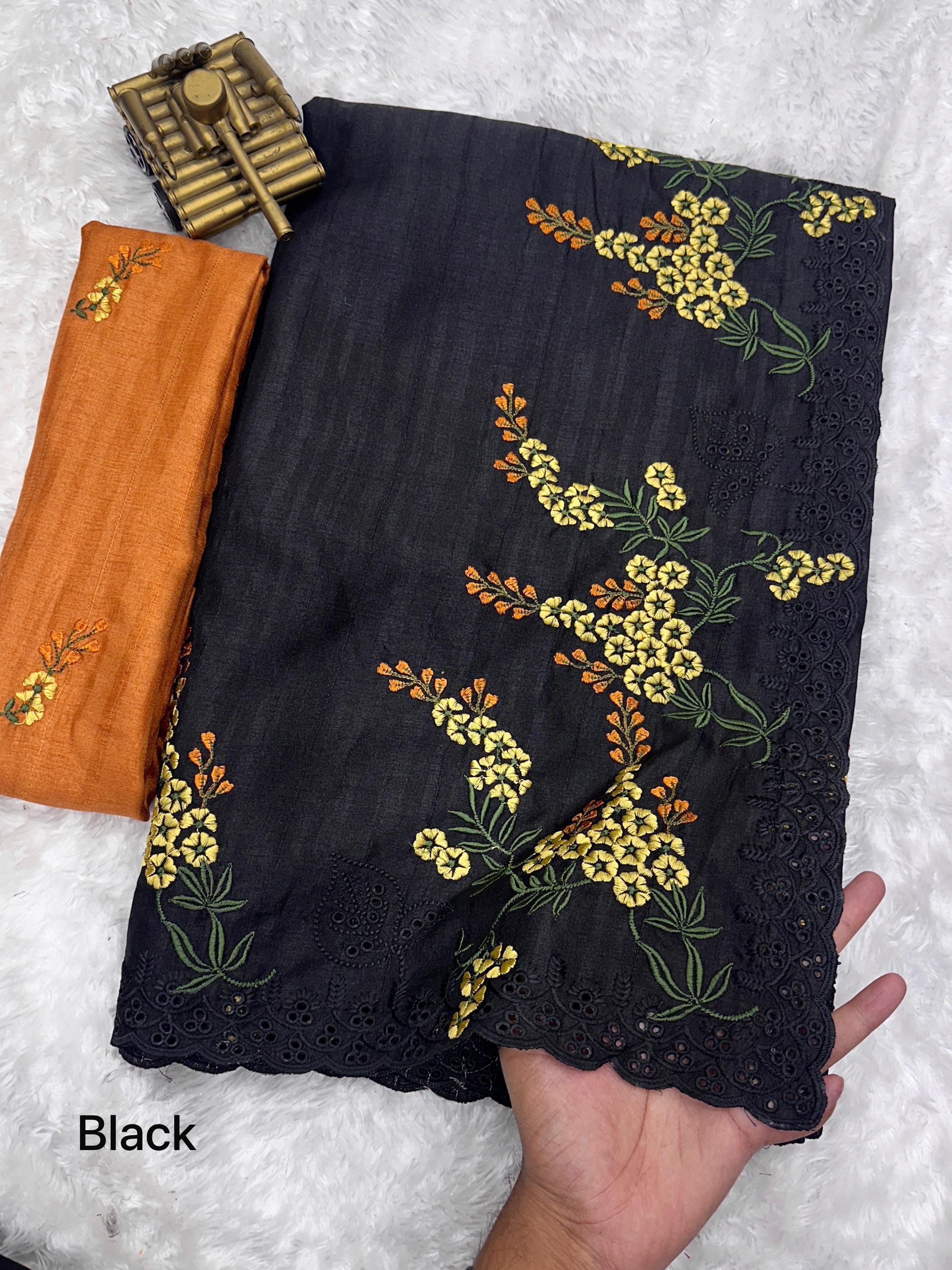 Black Pure Tussar Heavy Embroidery Tushar Cotton Saree Tussar Saree Anant Tex Exports Pvt.Ltd..