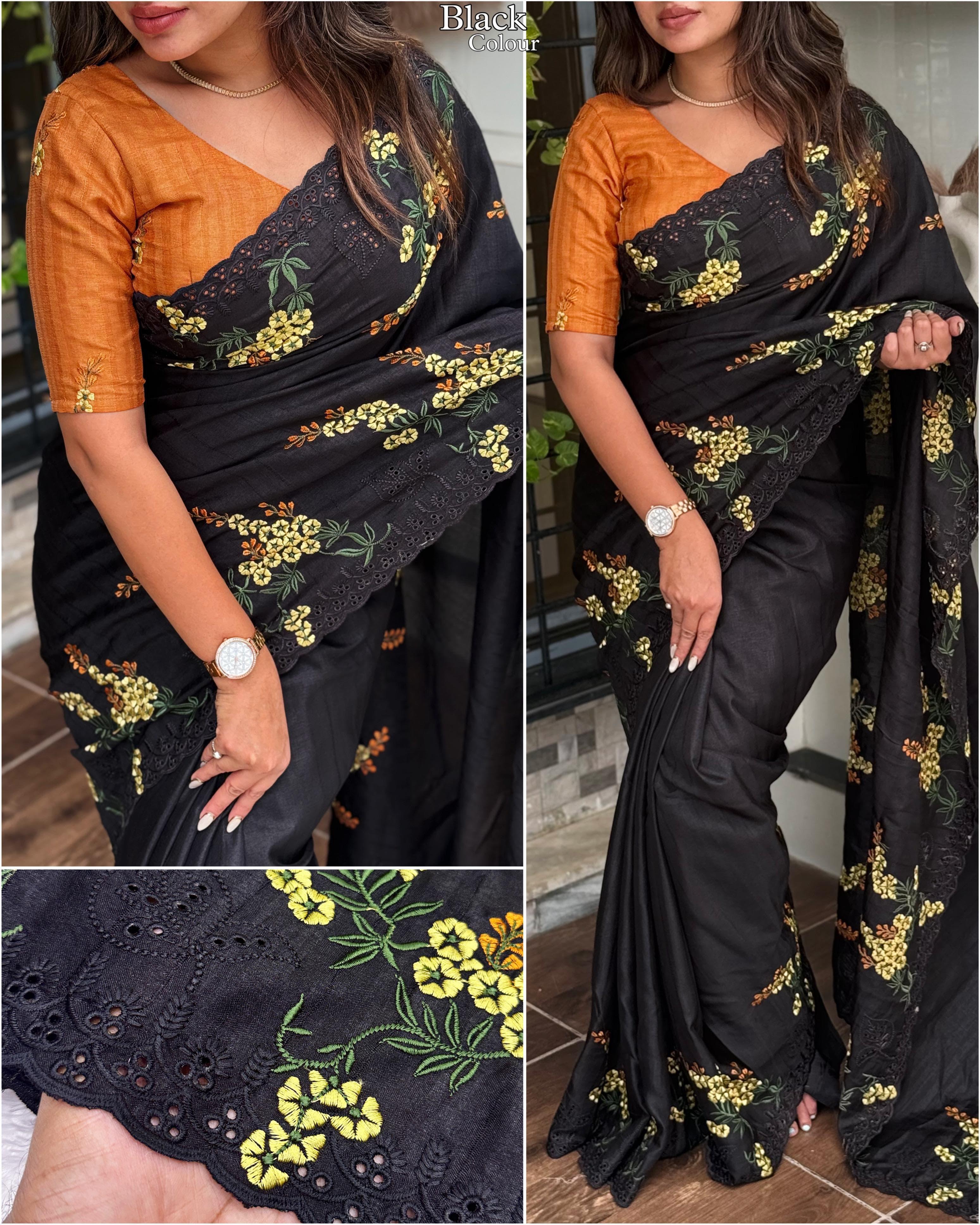 Black Pure Tussar Heavy Embroidery Tushar Cotton Saree Tussar Saree Anant Tex Exports Pvt.Ltd..