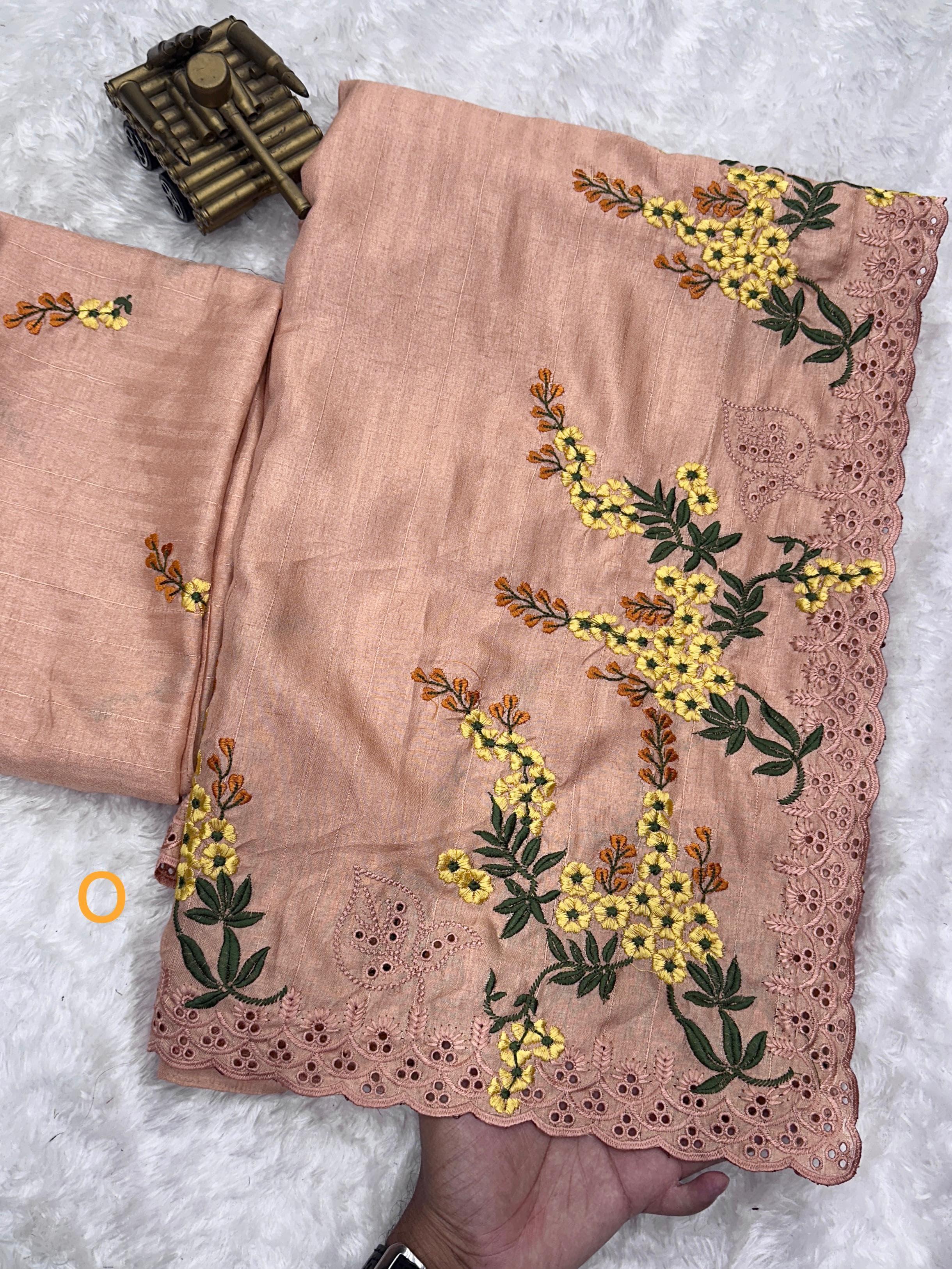 Orange Pure Tussar Heavy Embroidery Tushar Cotton Saree Tussar Saree Anant Tex Exports Pvt.Ltd..
