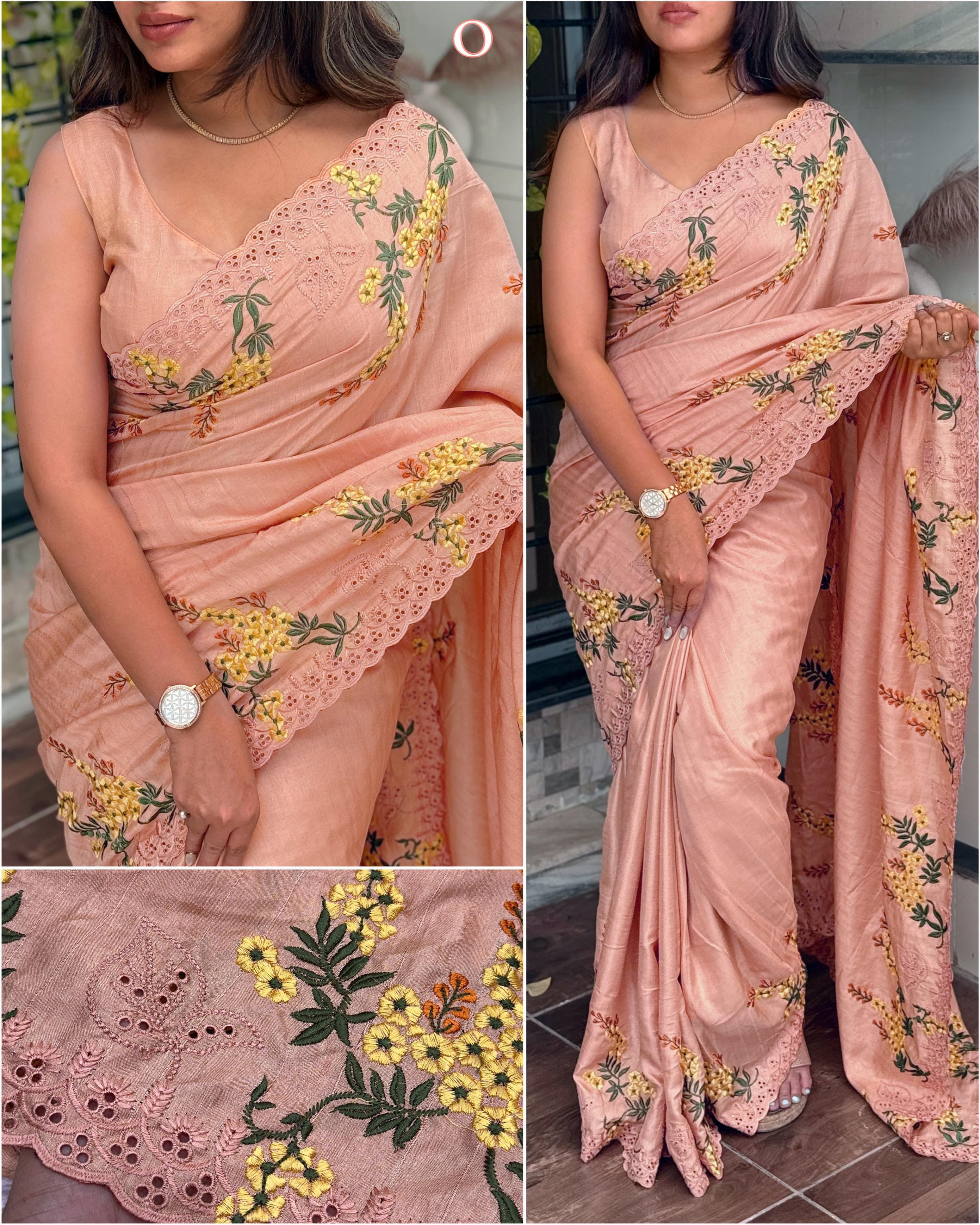 Orange Pure Tussar Heavy Embroidery Tushar Cotton Saree Tussar Saree Anant Tex Exports Pvt.Ltd..