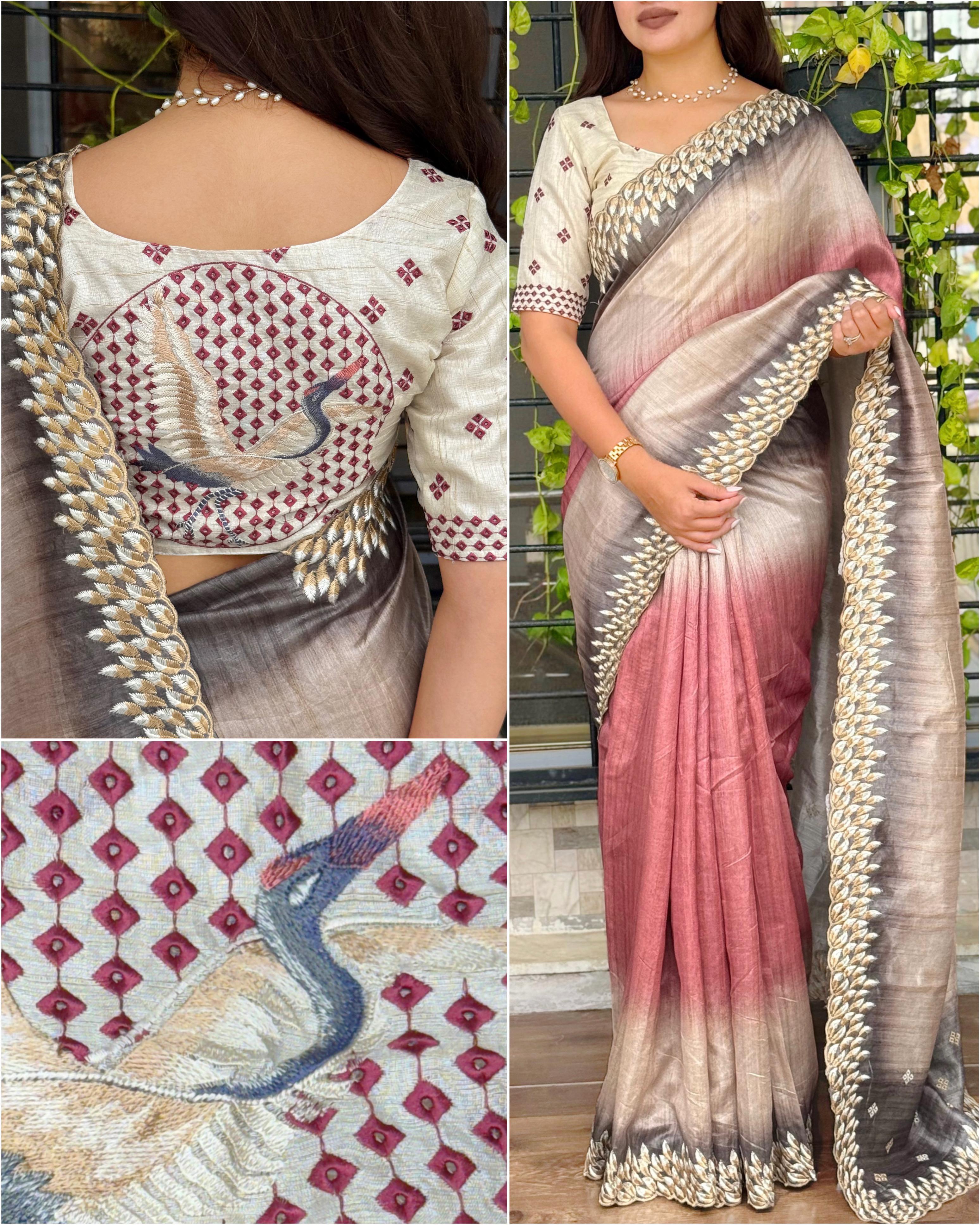 Pink Shaded Pure Tussar Heavy Embroidery Tushar Saree Tussar Saree Anant Tex Exports Pvt.Ltd..