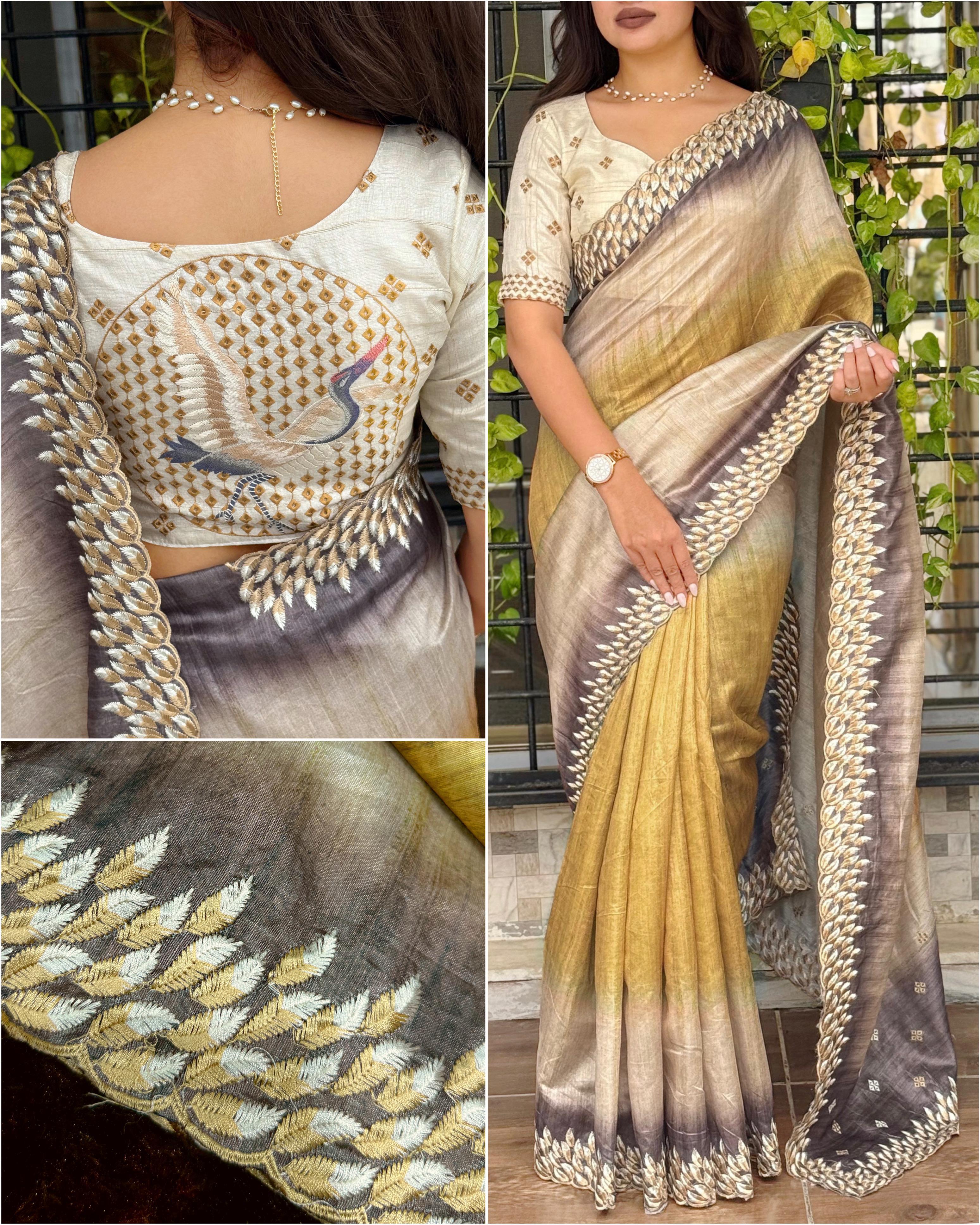 Yellow Shaded Pure Tussar Heavy Embroidery Tushar Saree Tussar Saree Anant Tex Exports Pvt.Ltd..