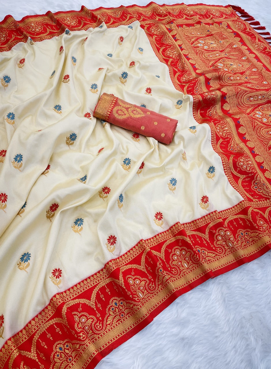 Cream White Pure Soft Silk Banarasi Saree Banarasi Saree Anant Tex Exports Pvt.Ltd..