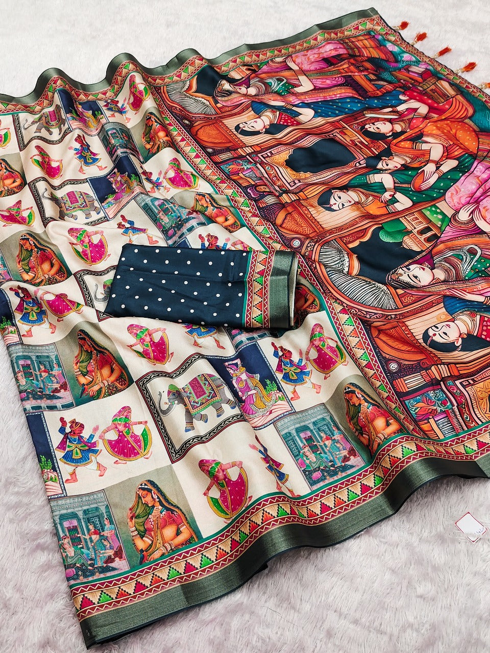 Navy Blue Pure Tussar Silk Bold Kalamkari Figure Printed Tussar Saree Tussar Saree Anant Tex Exports Pvt.Ltd..