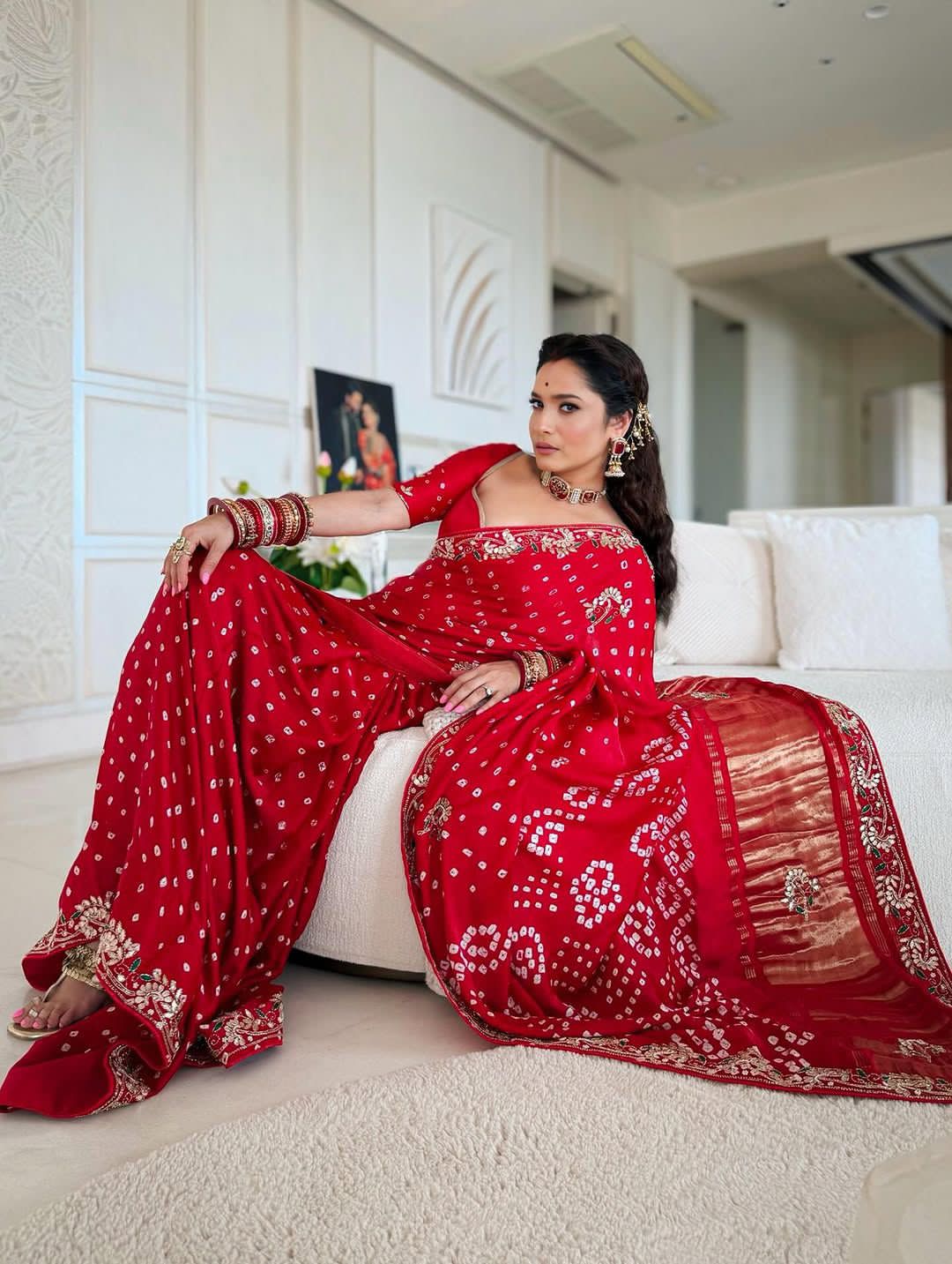 Red Bandhej Pure Gaji Silk Langdi Patta Bandhani Saree Gaji Silk Saree Anant Tex Exports Pvt.Ltd..