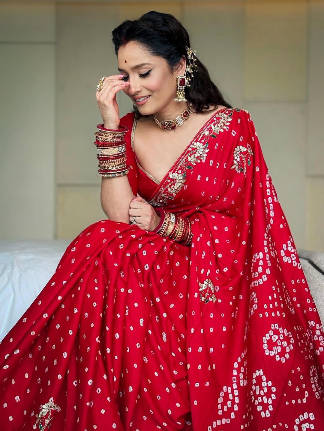 Red Bandhej Pure Gaji Silk Langdi Patta Bandhani Saree Gaji Silk Saree Anant Tex Exports Pvt.Ltd..