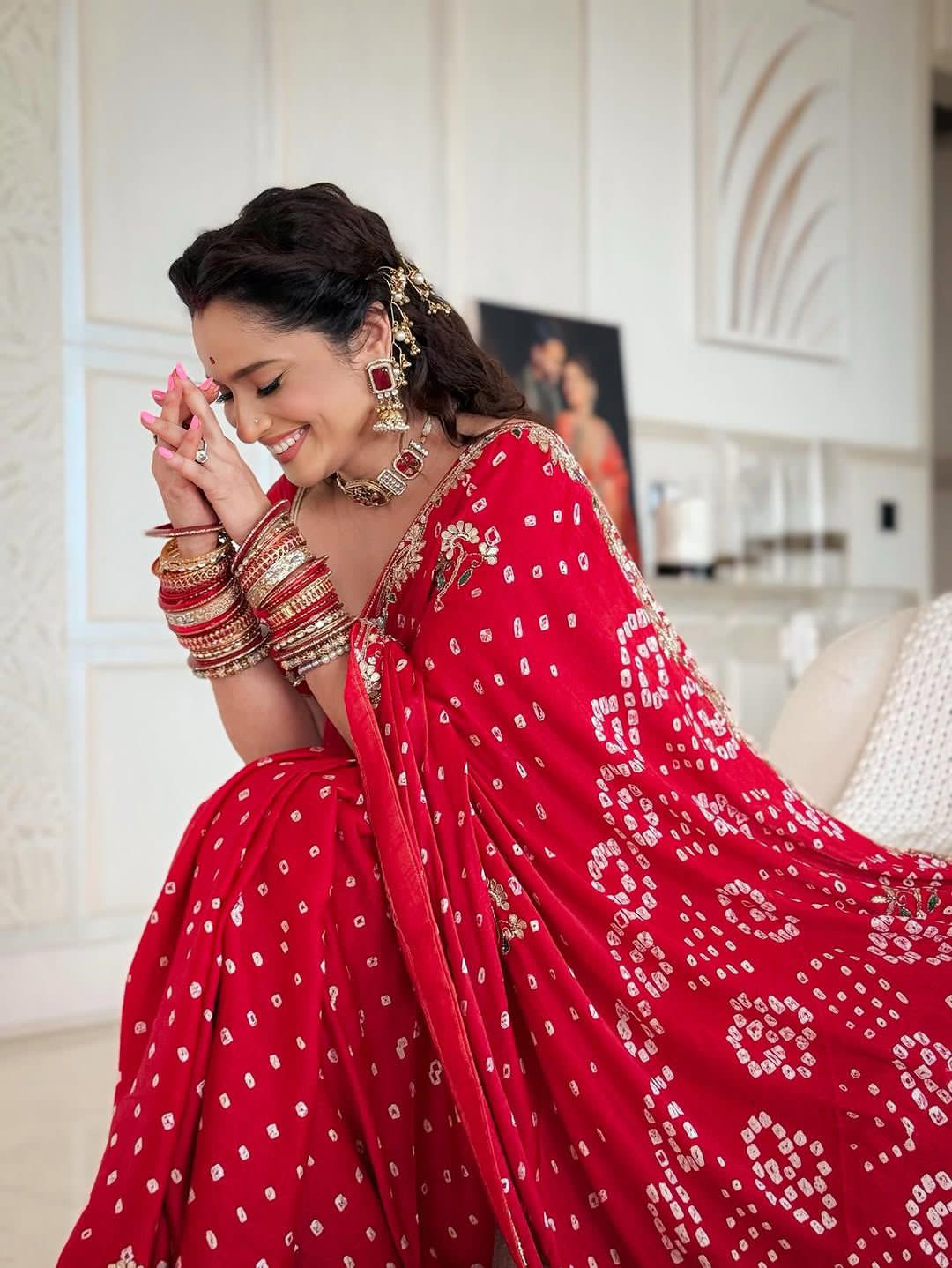 Red Bandhej Pure Gaji Silk Langdi Patta Bandhani Saree Gaji Silk Saree Anant Tex Exports Pvt.Ltd..