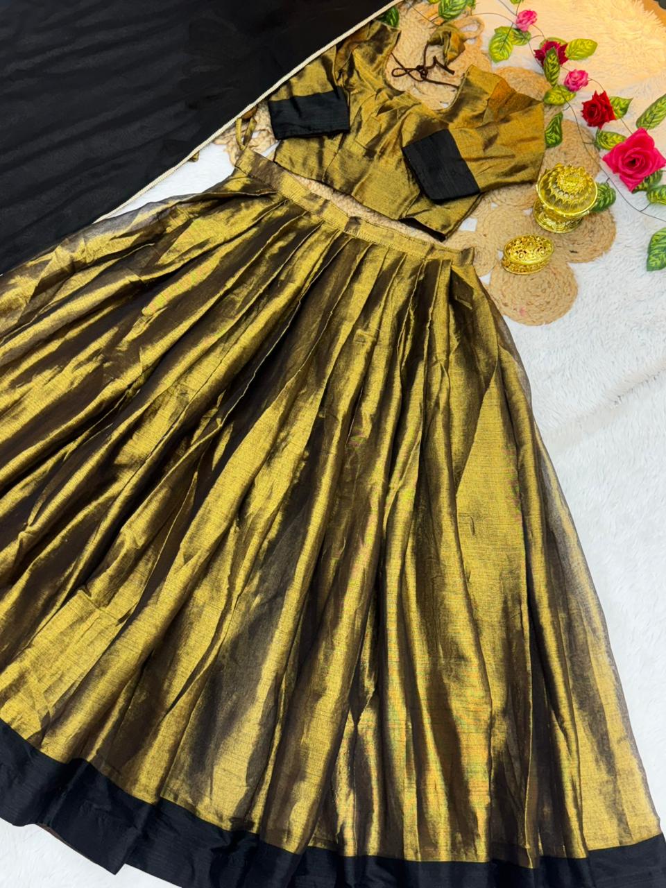 Golden Pure Kanchipuram Silk Zari Weaving South Indian Half Saree Lehenga South indian lehenga Anant Tex Exports Pvt.Ltd..