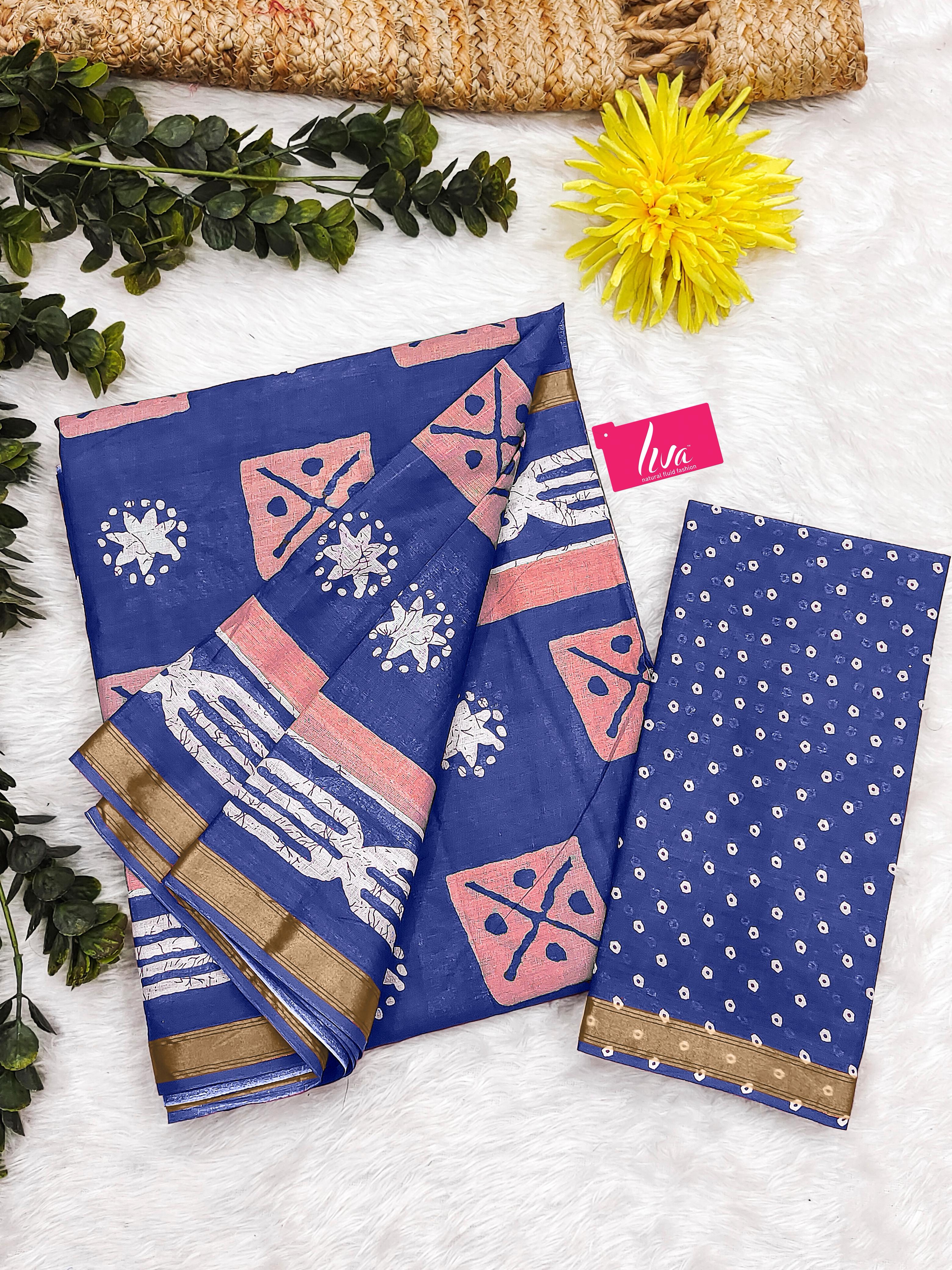 Blue Pure Soft Mal Mal Cotton Bagru Block Print Saree Cotton saree Anant Tex Exports Pvt.Ltd..