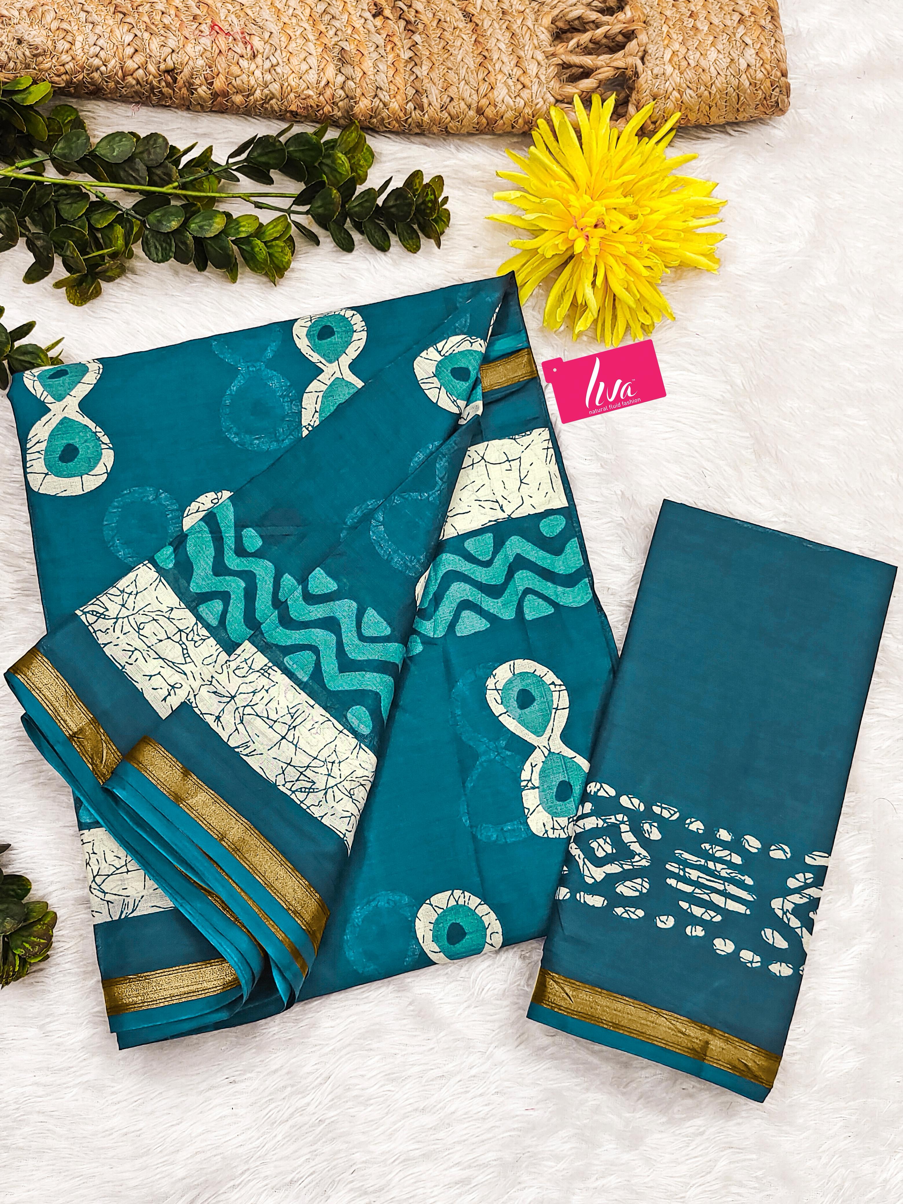 Sky Blue Pure Soft Mal Mal Cotton Bagru Block Print Saree Cotton saree Anant Tex Exports Pvt.Ltd..