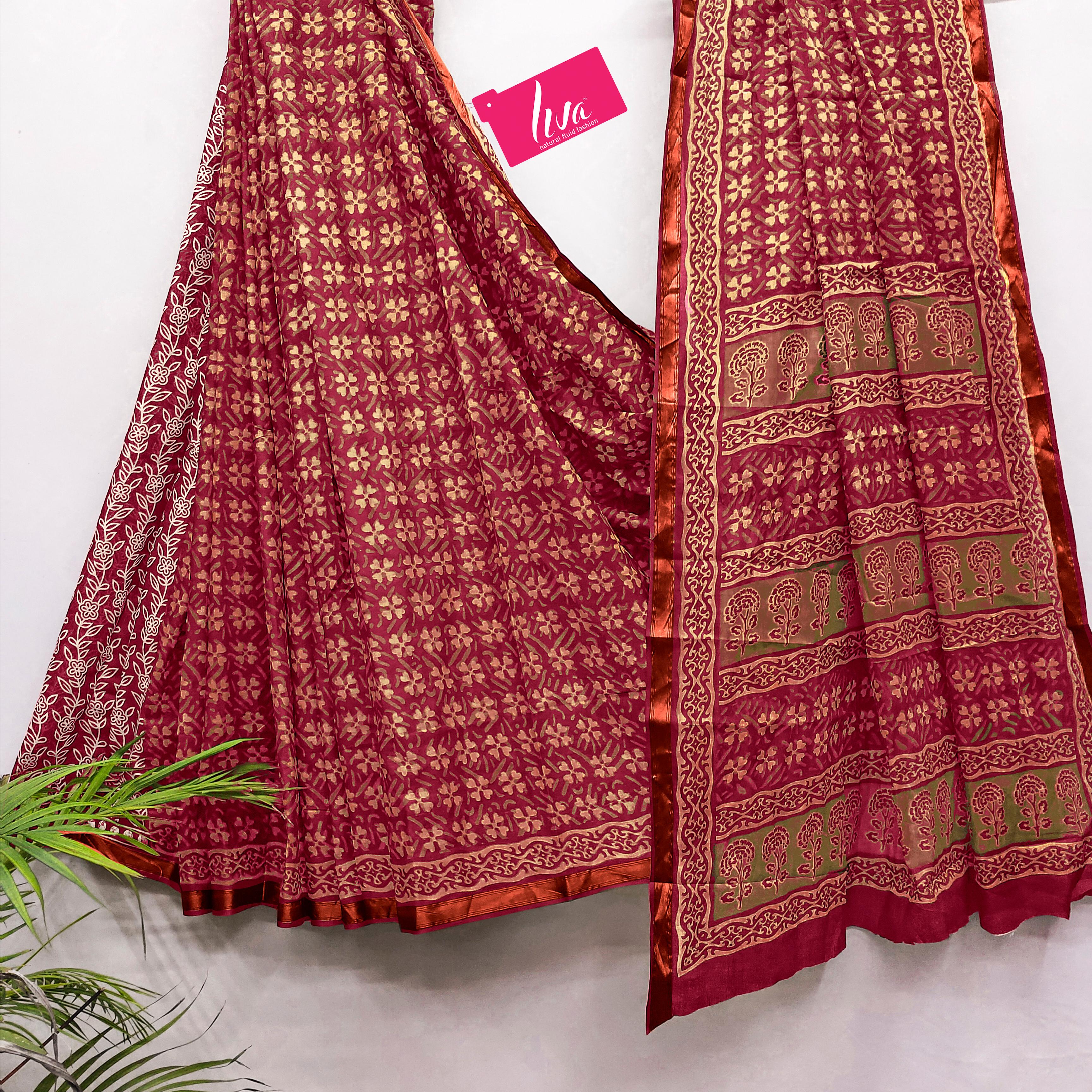 Maroon Pure Soft Mal Mal Cotton Bagru Block Print Saree Cotton saree Anant Tex Exports Pvt.Ltd..