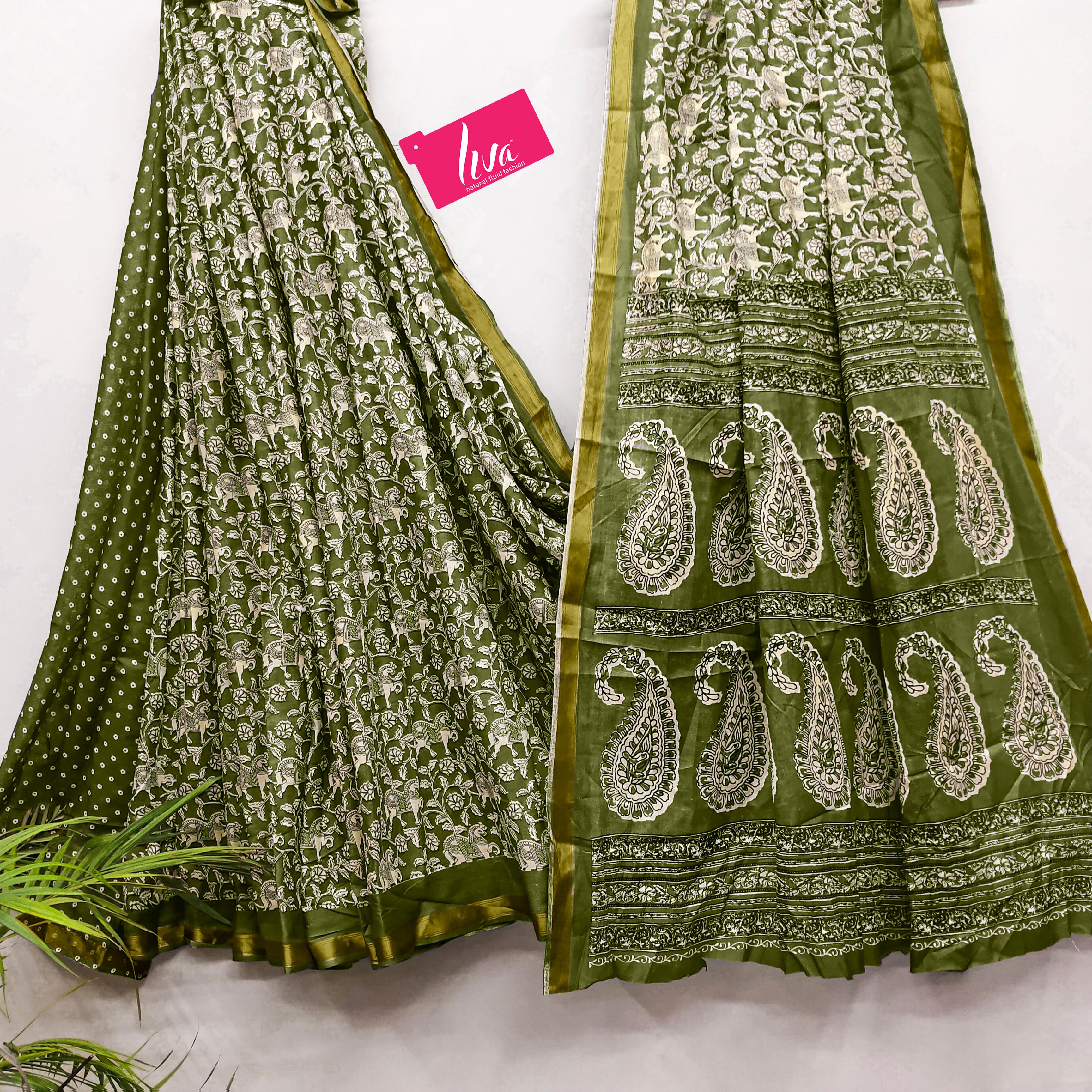 Green Pure Soft Mal Mal Cotton Bagru Block Print Saree Cotton saree Anant Tex Exports Pvt.Ltd..