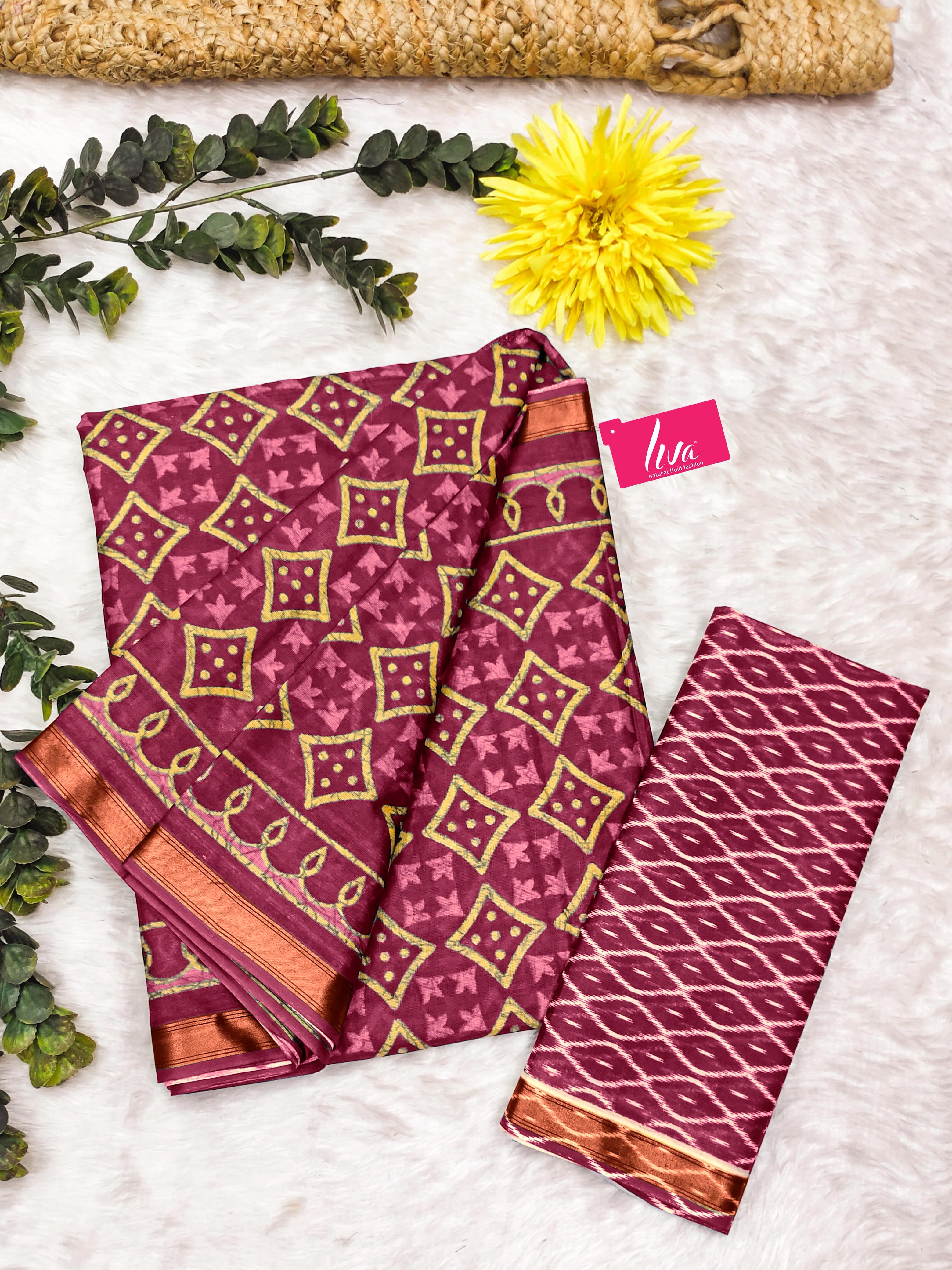 Maroon Pure Soft Mal Mal Cotton Bagru Block Print Saree Cotton saree Anant Tex Exports Pvt.Ltd..