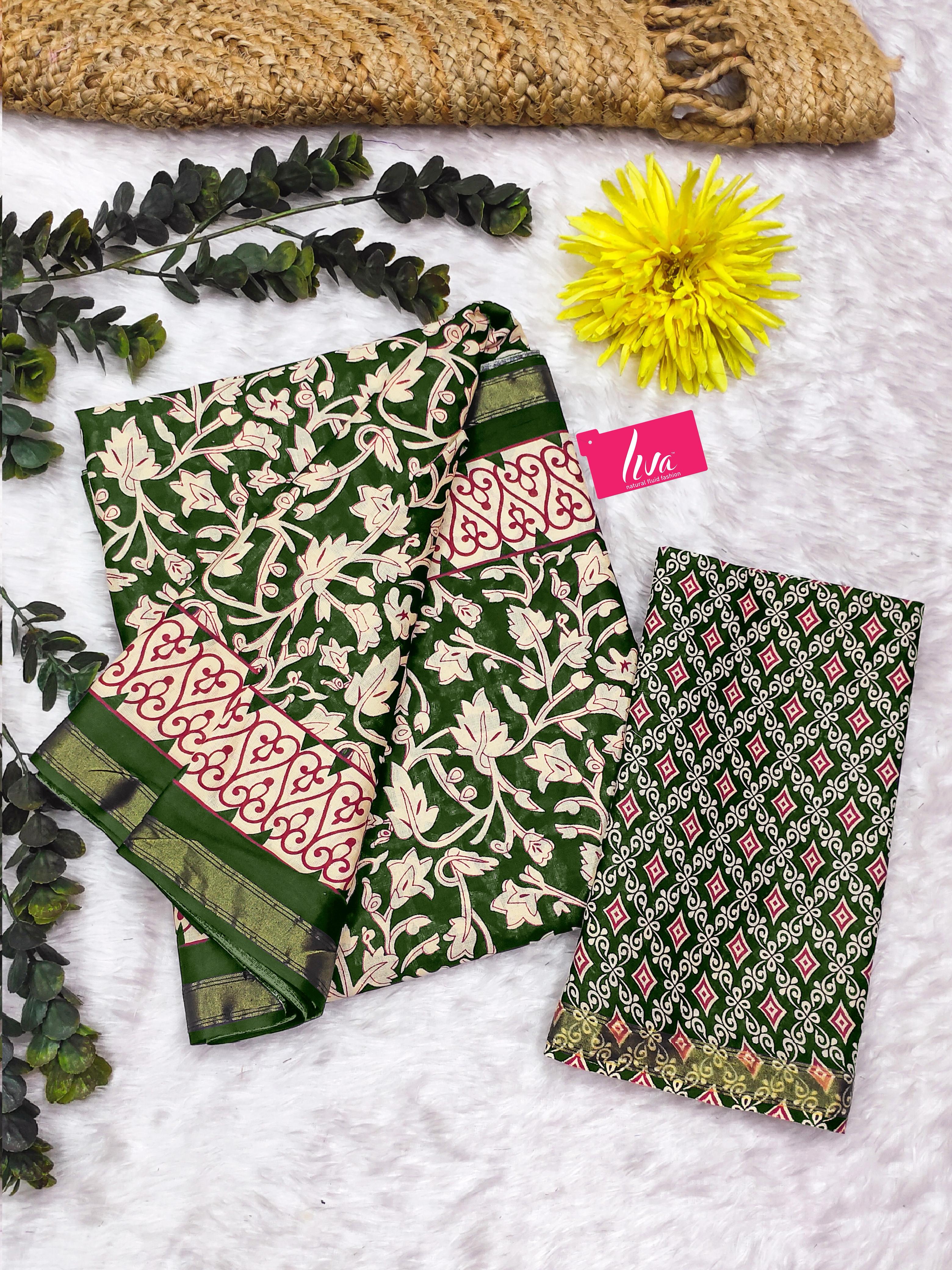 Green Pure Soft Mal Mal Cotton Bagru Block Print Saree Cotton saree Anant Tex Exports Pvt.Ltd..