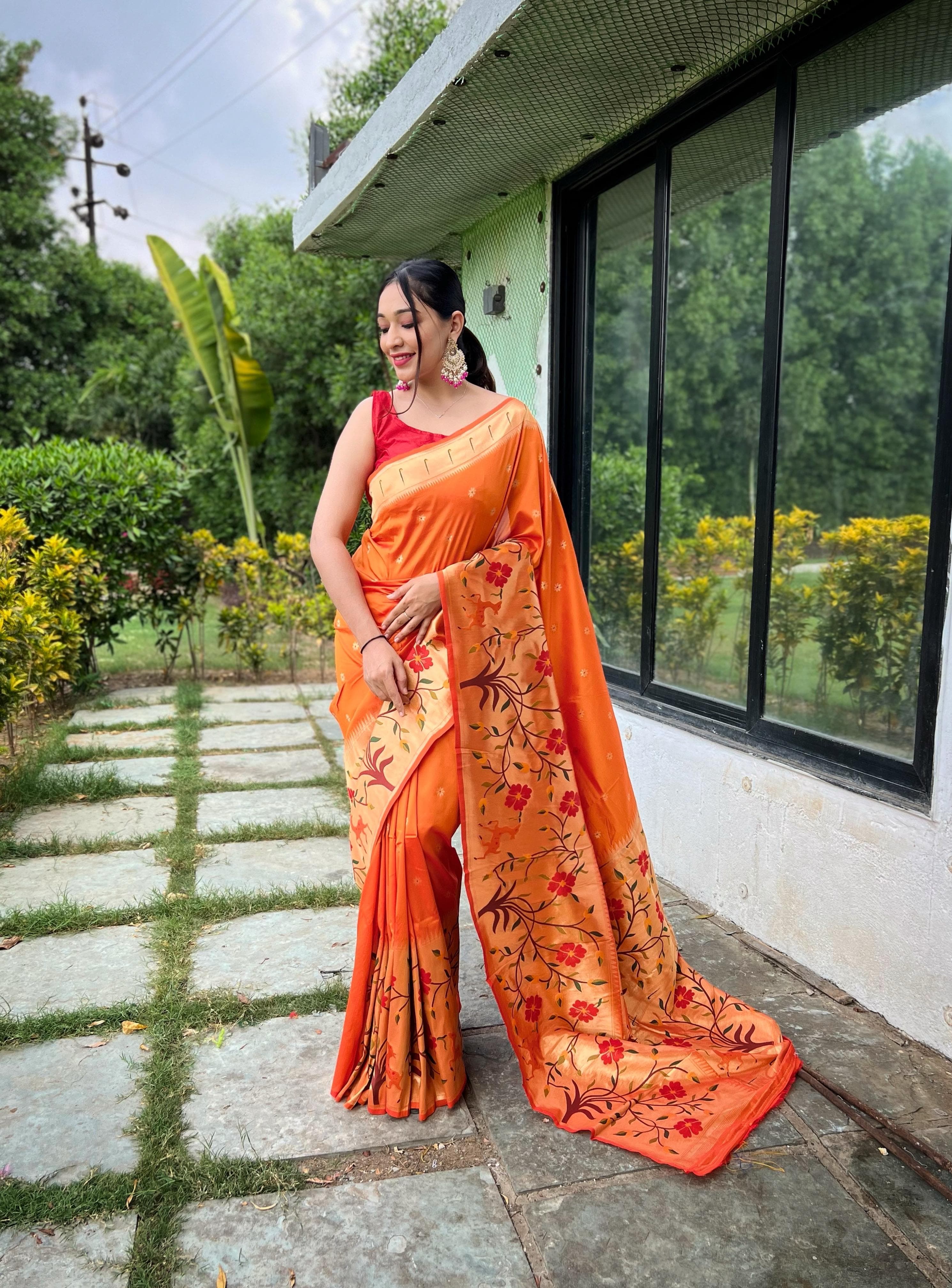 Orange Pure Paithani Silk Saree Paithani Saree Anant Tex Exports Pvt.Ltd..