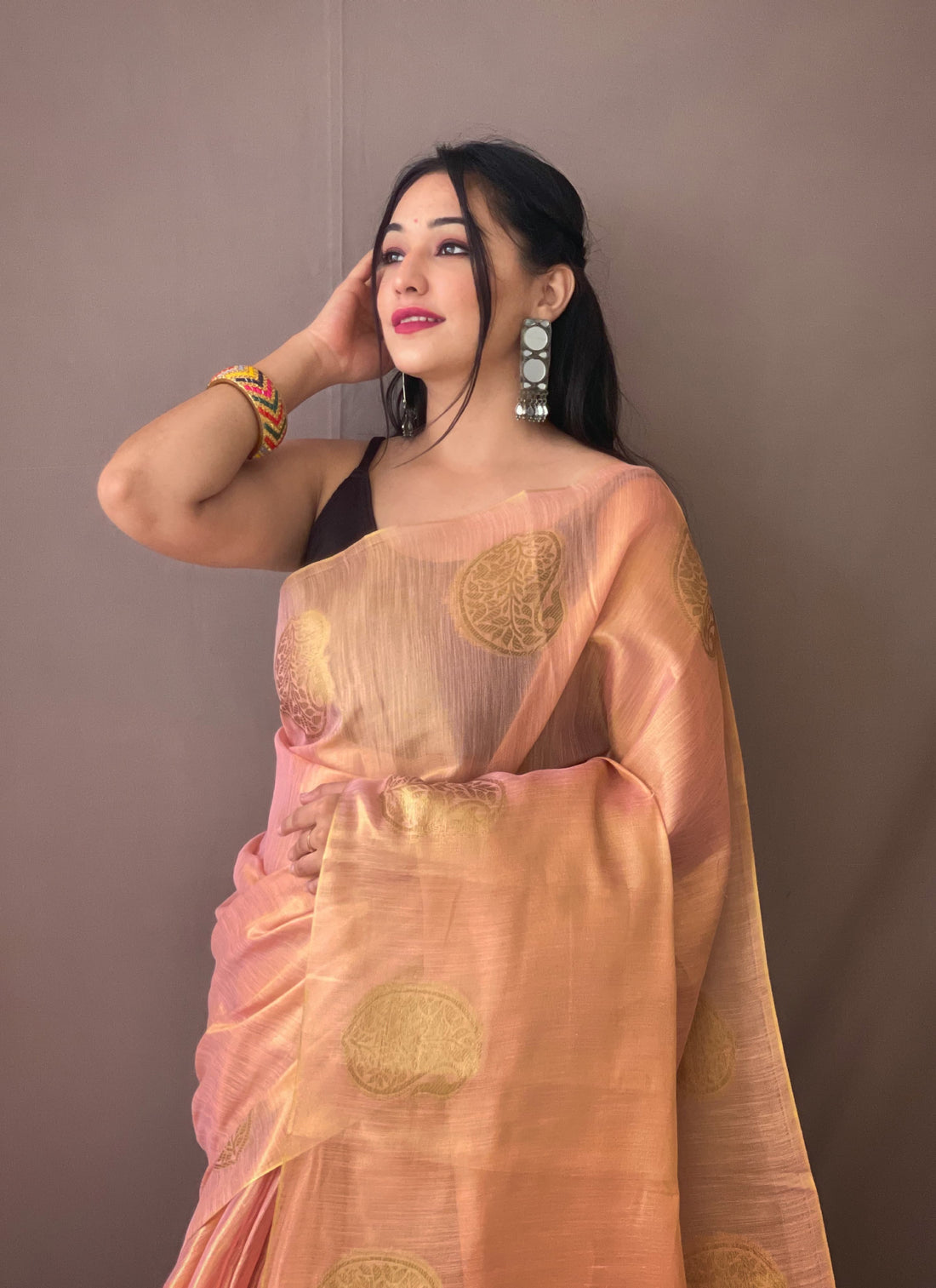Peach Pure Tissue Silk Zari Weaving Tissue Saree