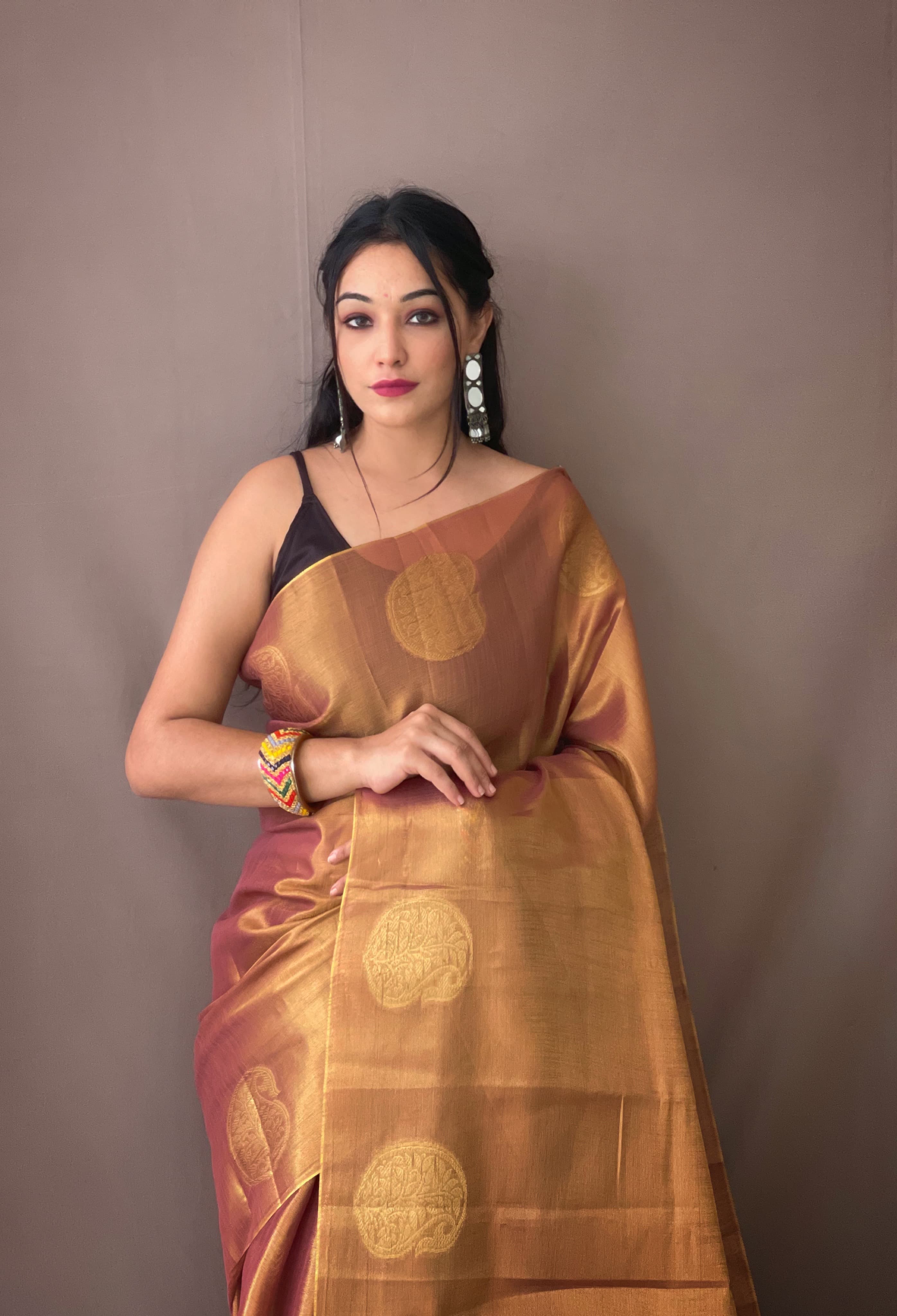 Dusty Brown Pure Tissue Silk Zari Weaving Tissue Saree Tissue Saree Anant Tex Exports Pvt.Ltd..