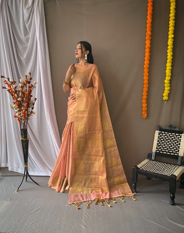 Peach Pure Tissue Silk Zari Weaving Tissue Saree