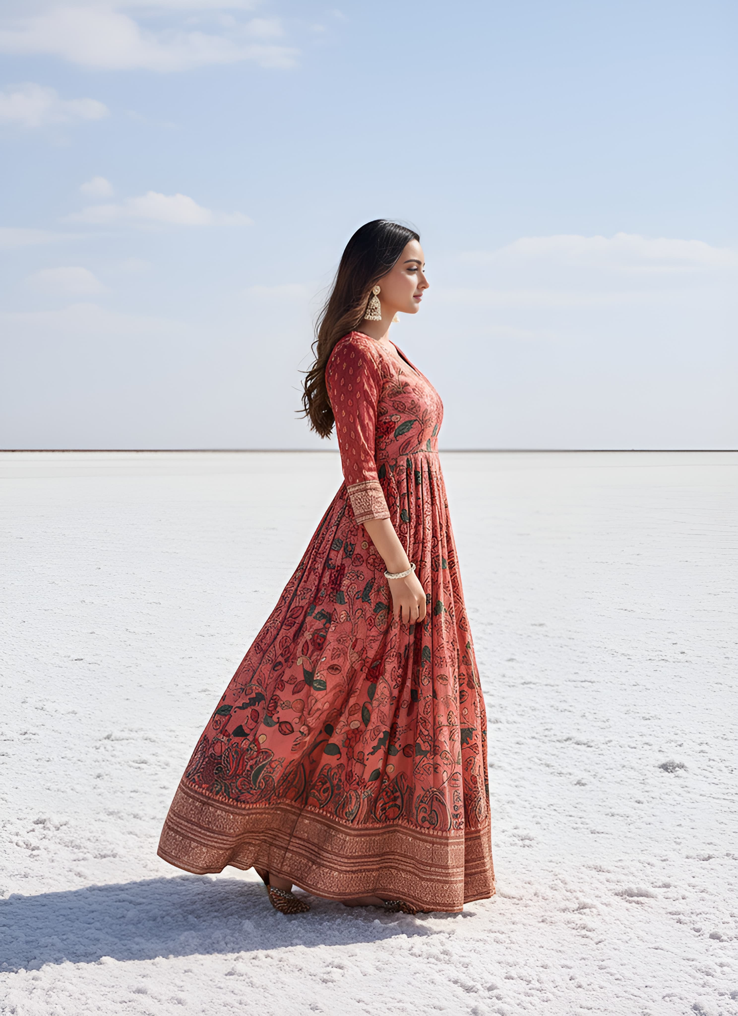 Peach Pure Silk Blend Kalamkari Anarkali Gown Anarkali Gown Anant Tex Exports Pvt.Ltd..