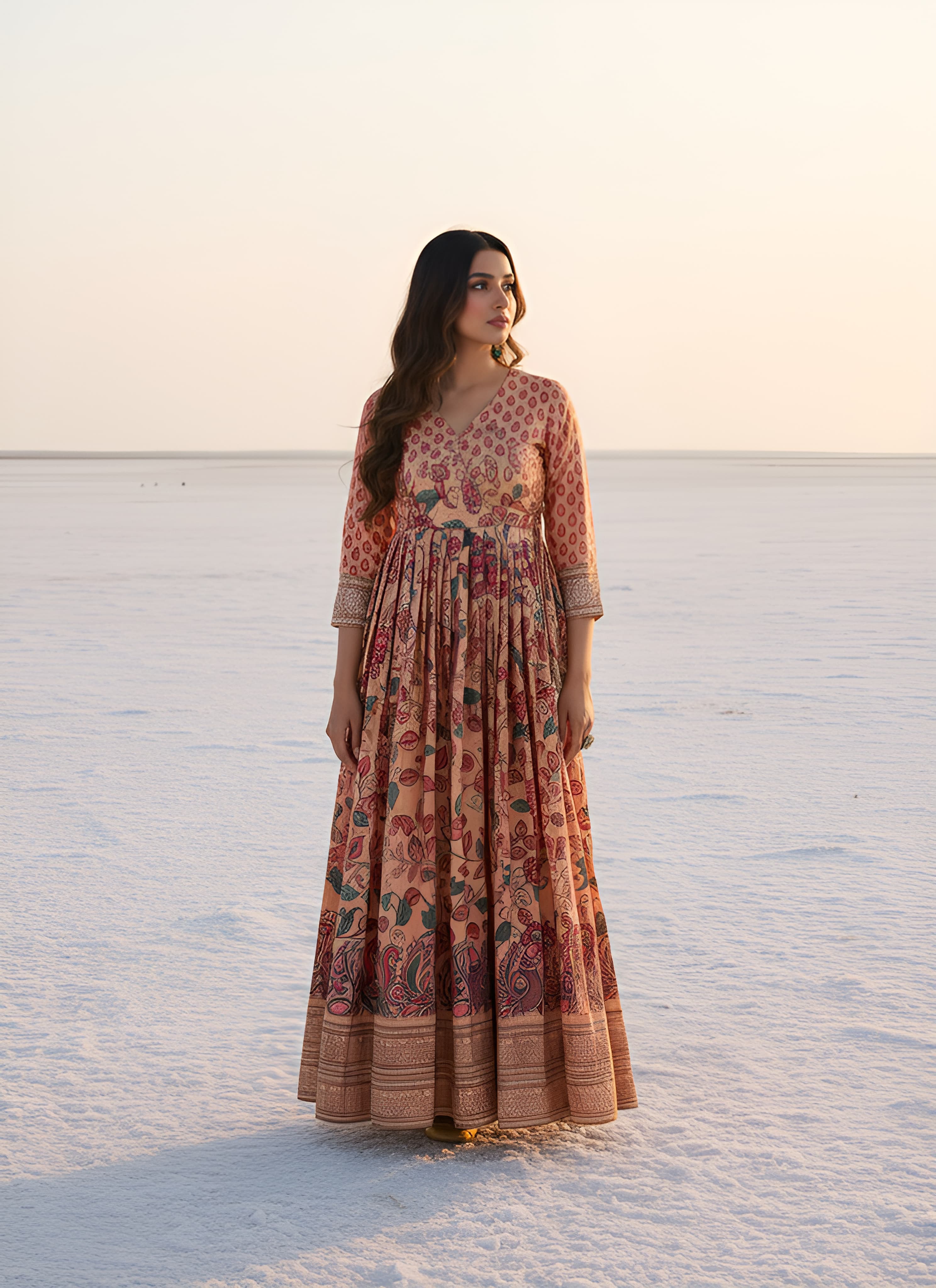 Salmon Peach Pure Silk Blend Kalamkari Anarkali Gown Anarkali Gown Anant Tex Exports Pvt.Ltd..
