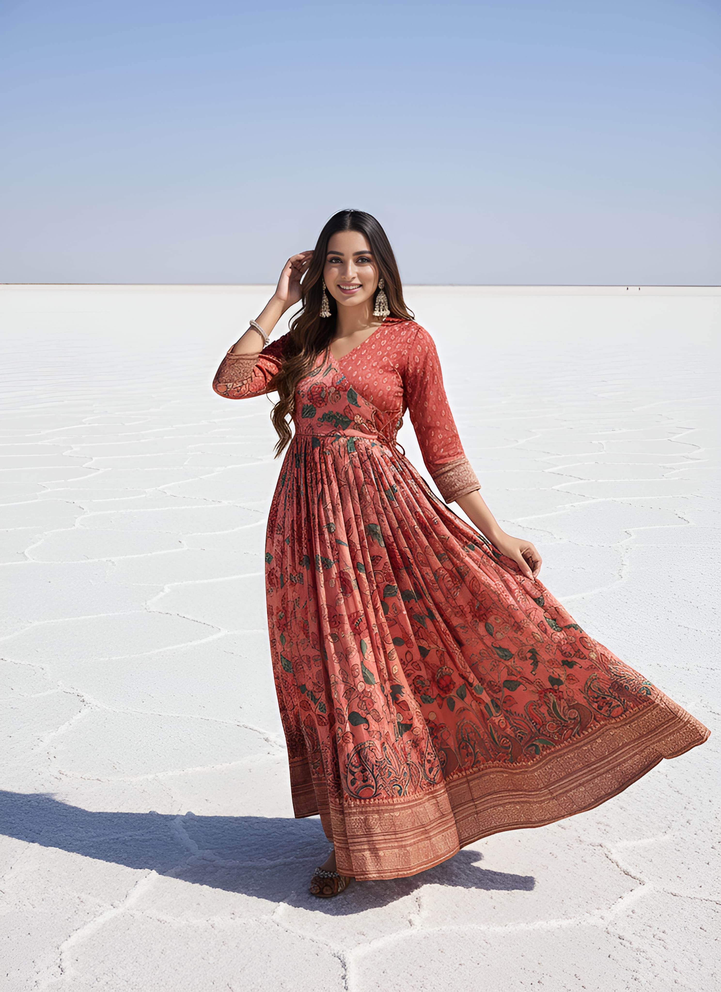 Peach Pure Silk Blend Kalamkari Anarkali Gown Anarkali Gown Anant Tex Exports Pvt.Ltd..