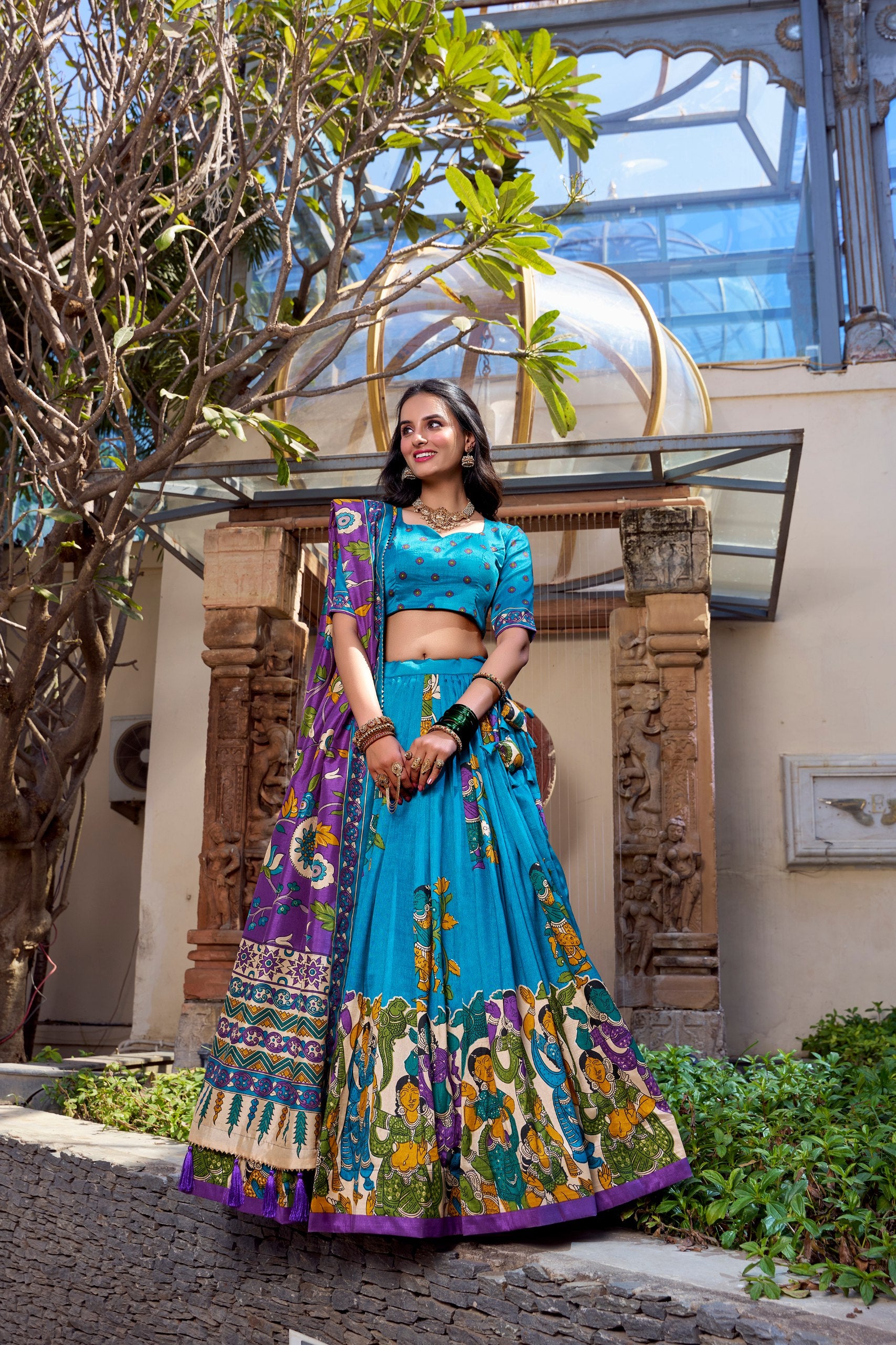 Firozi Pure Tussar Silk Kalamkari Print Lehenga Choli Kalamkari Lehenga Anant Tex Exports Pvt.Ltd..