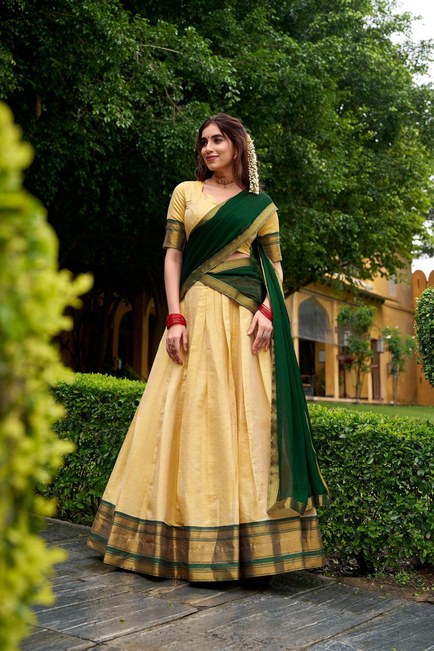 Green Pure Kanchipuram Zari Weaving Lehenga Choli South Lehenga Choli Anant Tex Exports Pvt.Ltd..