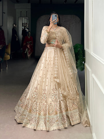 Cream Pure Net Silk Heavy Sequin Embroidery Net Lehenga Choli