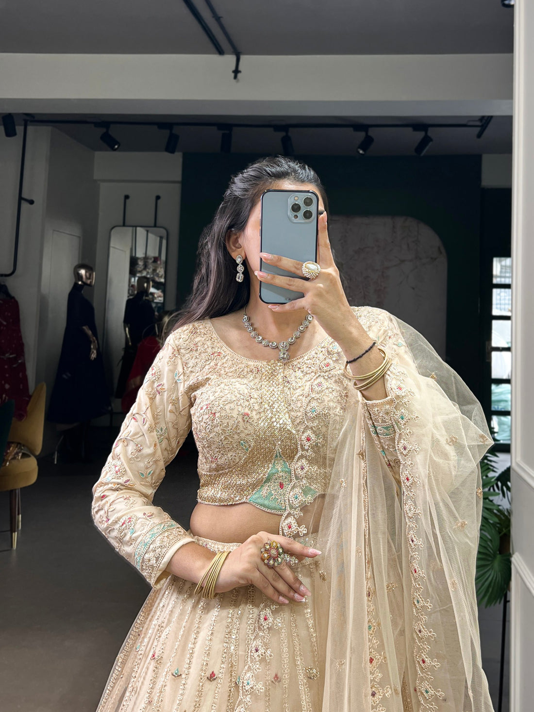 Cream Pure Net Silk Heavy Sequin Embroidery Net Lehenga Choli