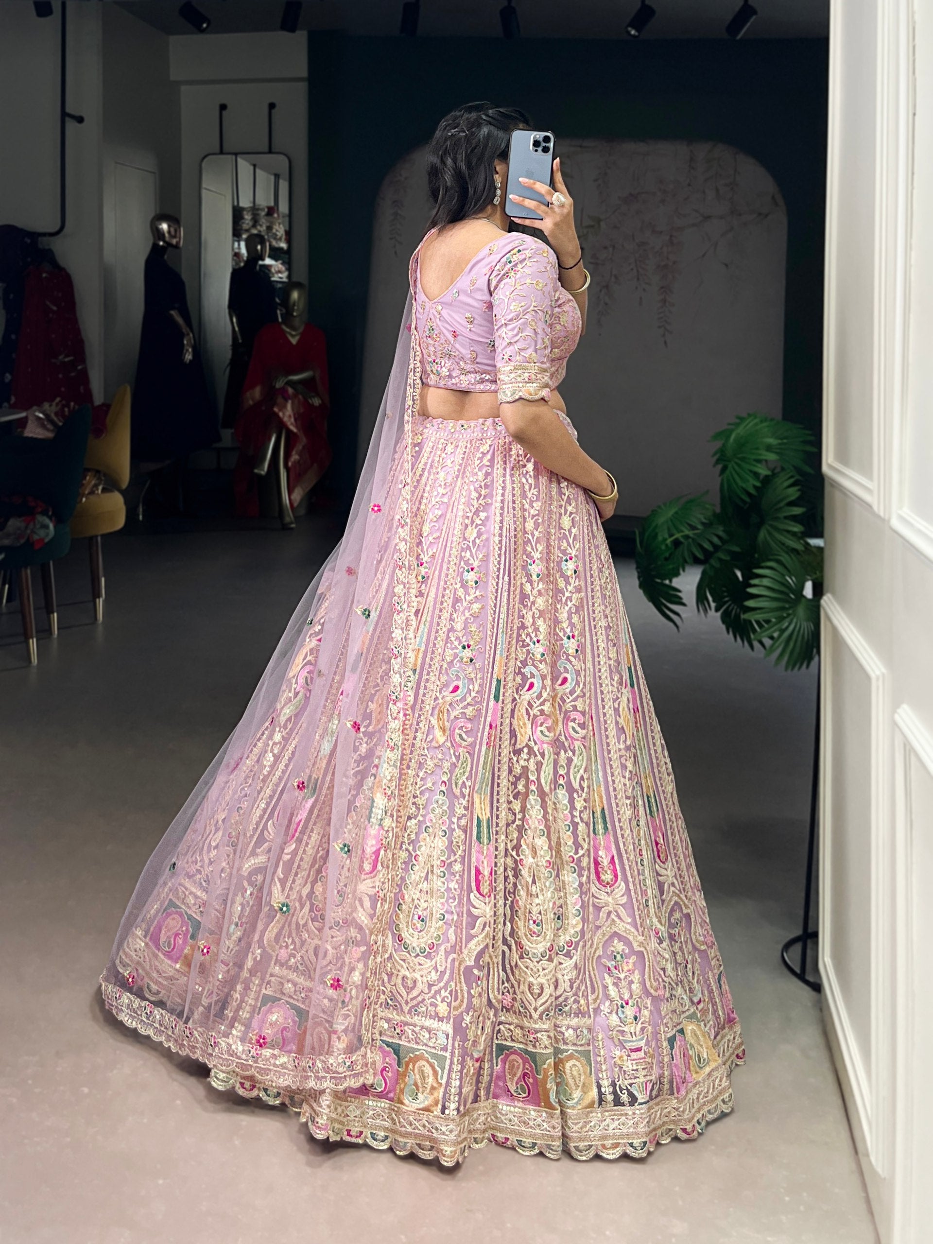 Lavender Pure Net Silk Heavy Sequin Embroidery Net Lehenga Choli Net Lehenga Choli Anant Tex Exports Pvt.Ltd..