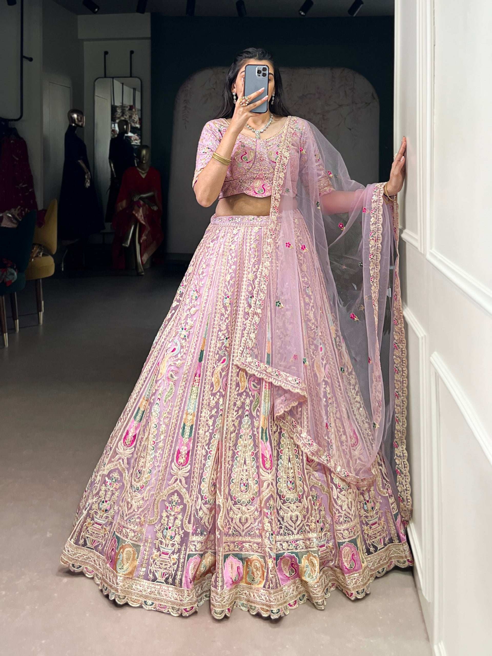 Lavender Pure Net Silk Heavy Sequin Embroidery Net Lehenga Choli Net Lehenga Choli Anant Tex Exports Pvt.Ltd..