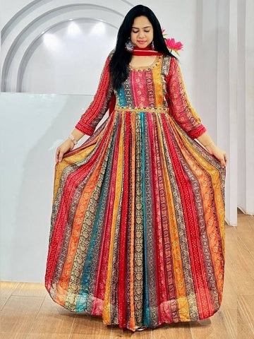 Multicolour Pure Muslin Silk Anarkali Gown