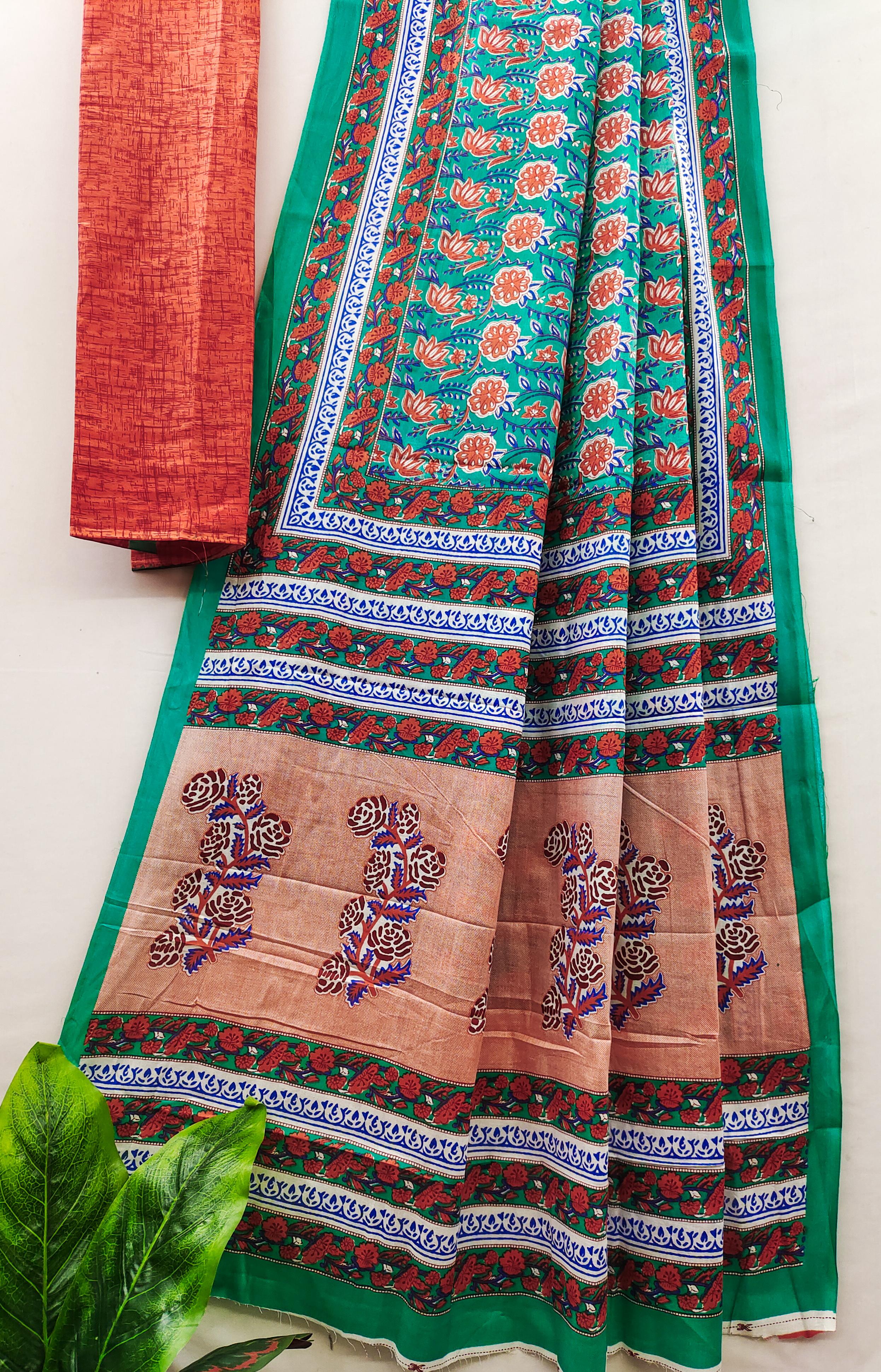 Green Pure Soft Cotton Bagru Block Print Saree Cotton saree Anant Tex Exports Pvt.Ltd..