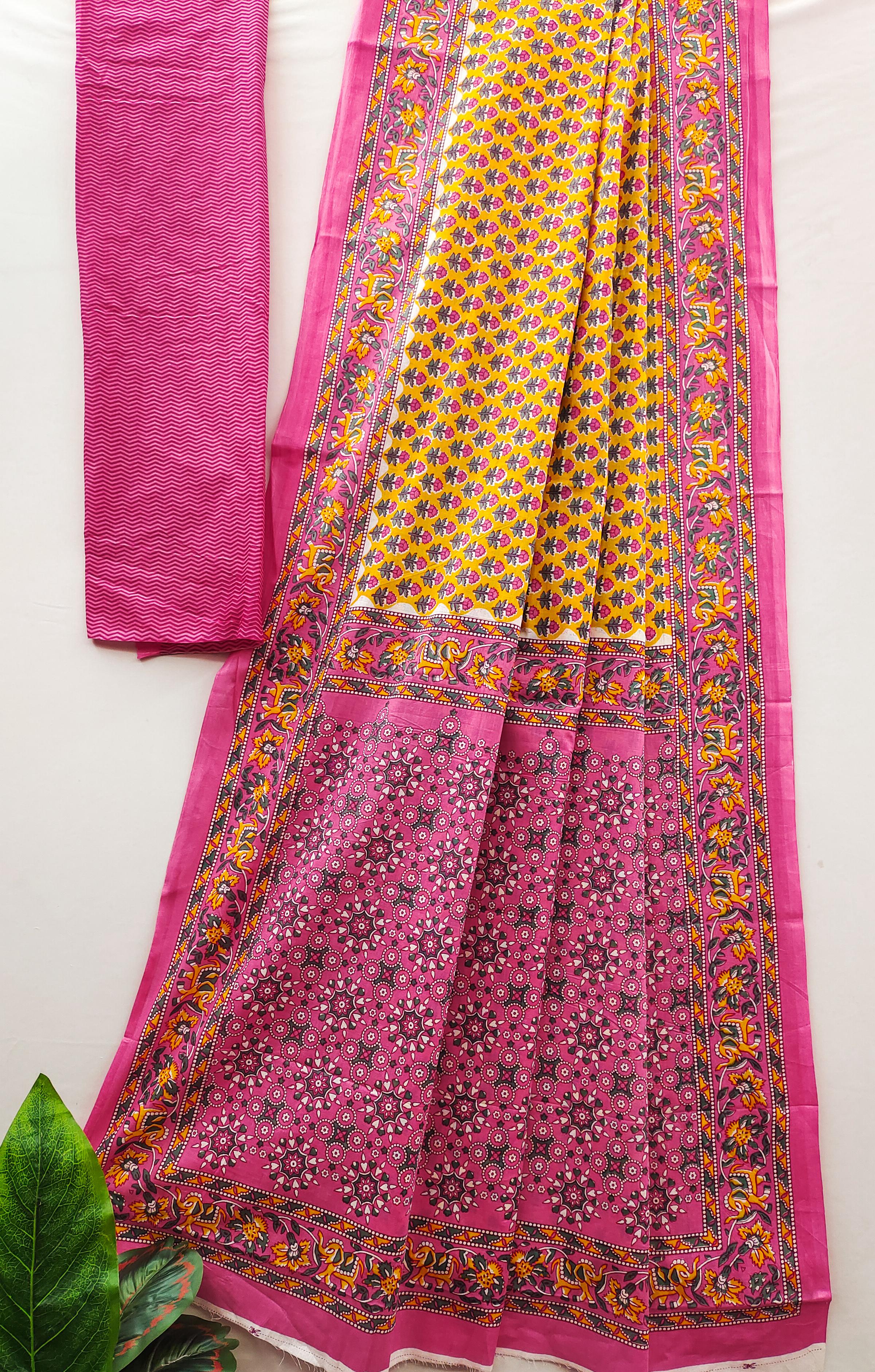 Yellow Pure Soft Cotton Bagru Block Print Saree Cotton saree Anant Tex Exports Pvt.Ltd..
