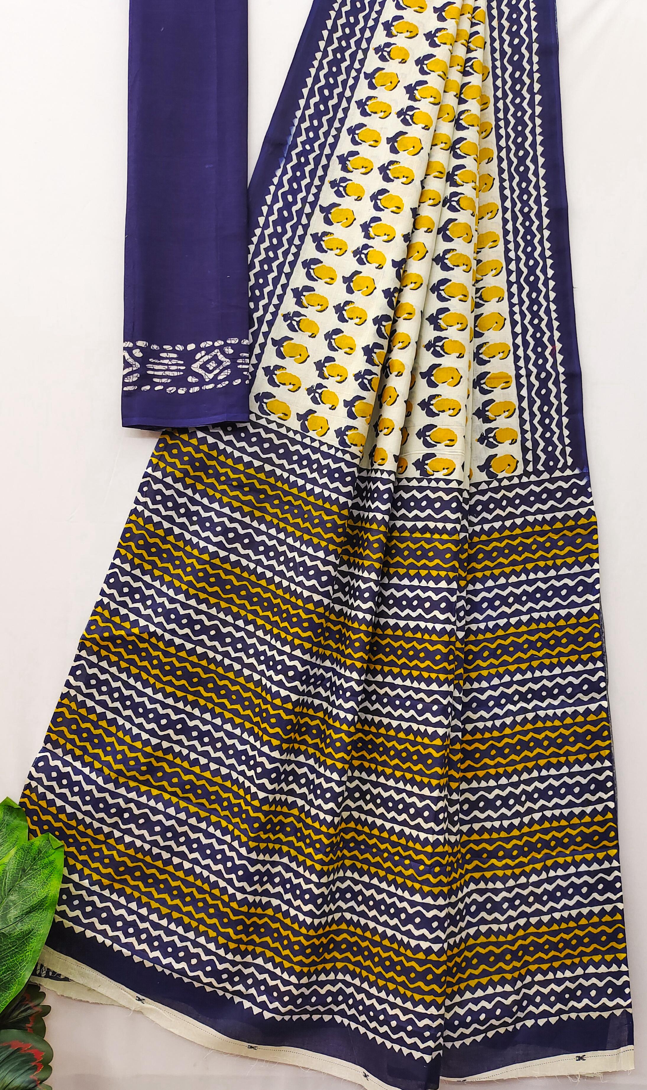 Yellow Pure Soft Cotton Bagru Block Print Saree Cotton saree Anant Tex Exports Pvt.Ltd..