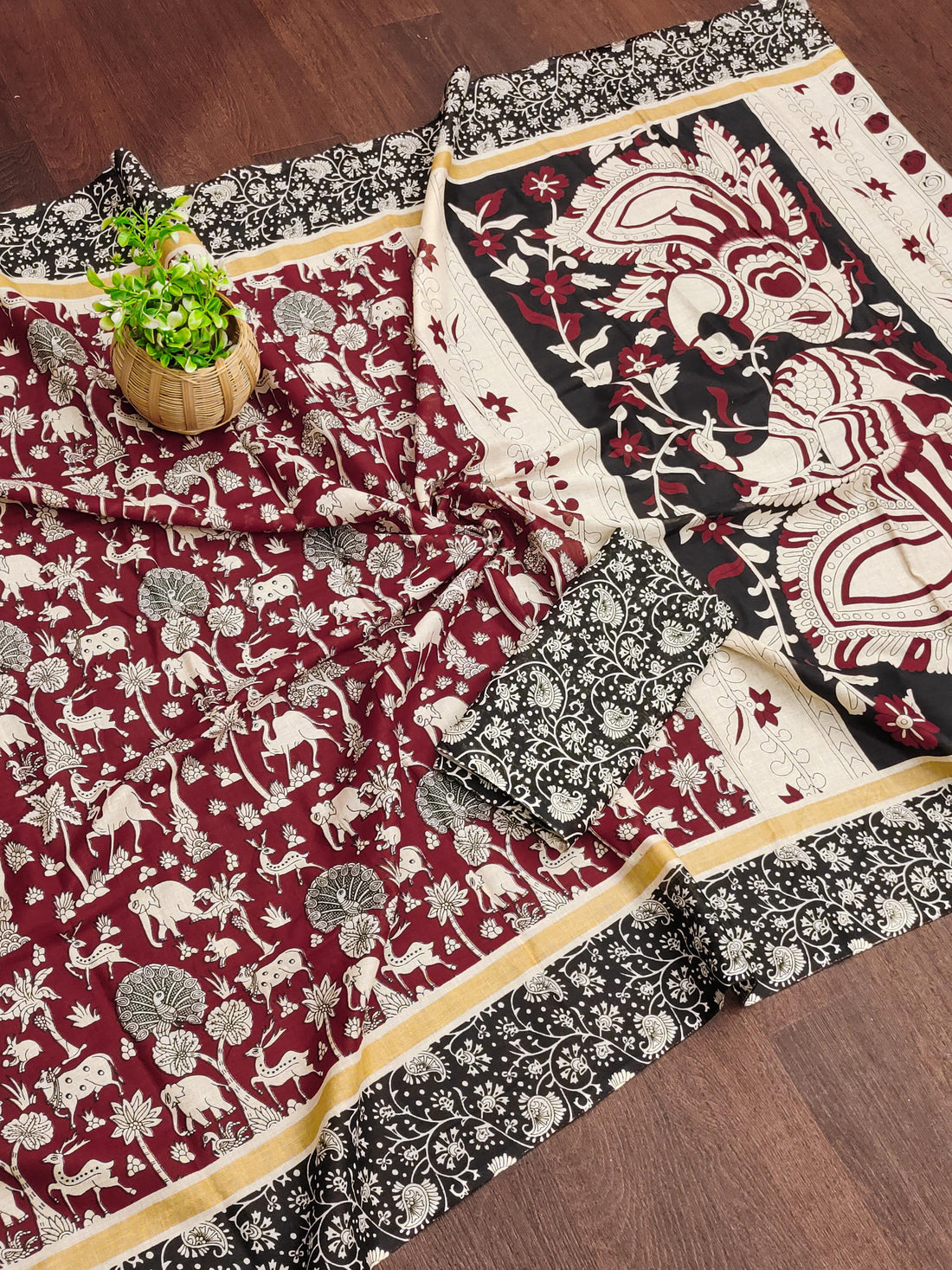 Maroon Pure Soft Cotton Kalamkari Block Print Saree