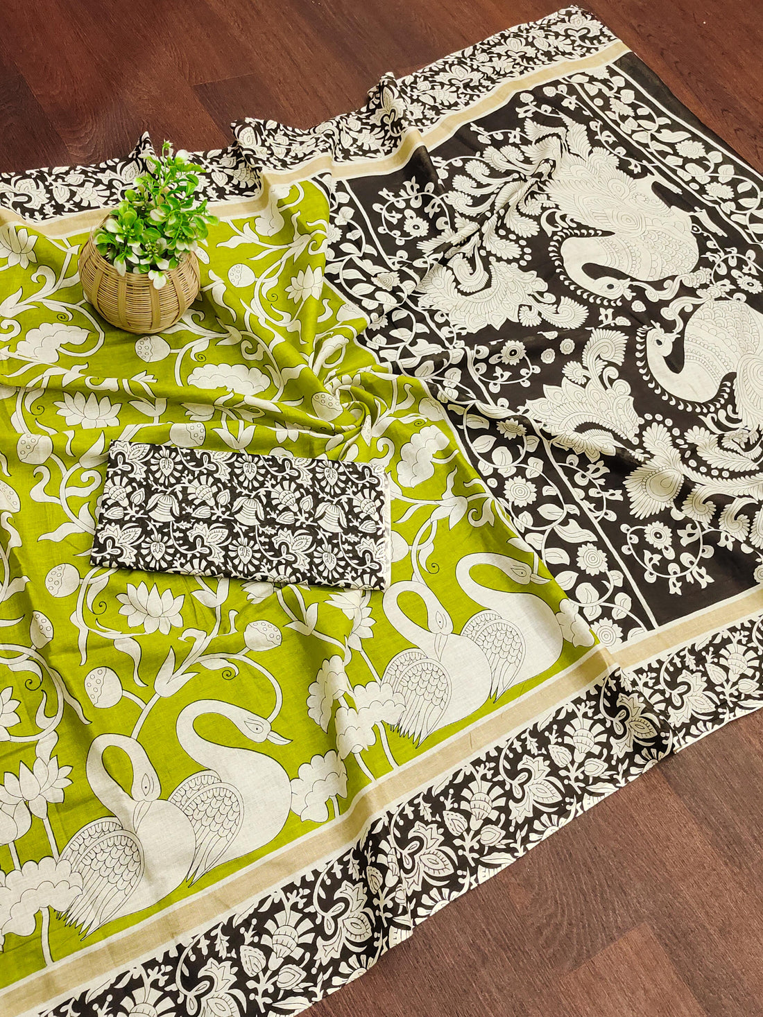 Green Pure Soft Cotton Kalamkari Block Print Saree