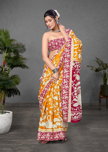 Mustard Pure Soft Cotton Kalamkari Block Print Saree