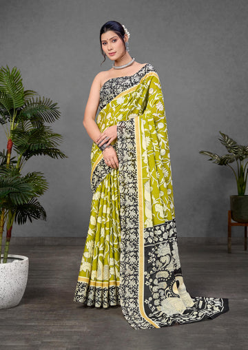 Green Pure Soft Cotton Kalamkari Block Print Saree