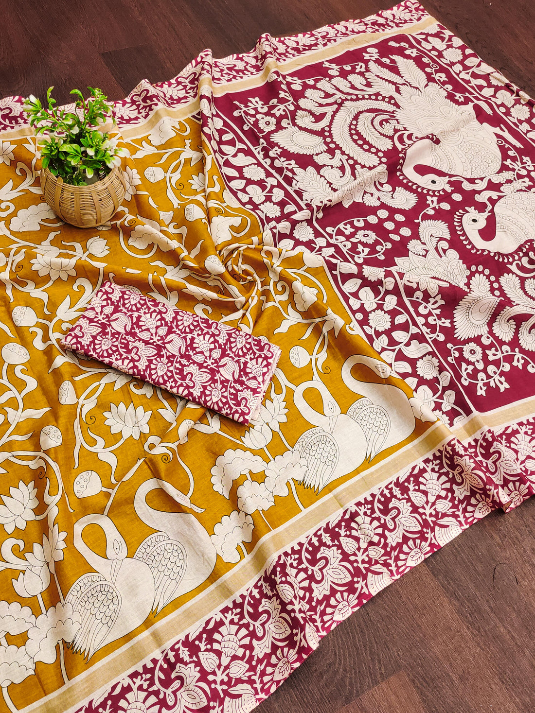 Mustard Pure Soft Cotton Kalamkari Block Print Saree