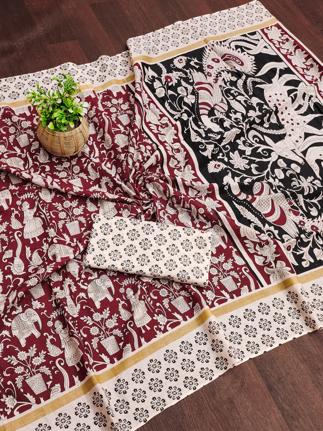 Maroon Pure Soft Cotton Kalamkari Block Print Saree
