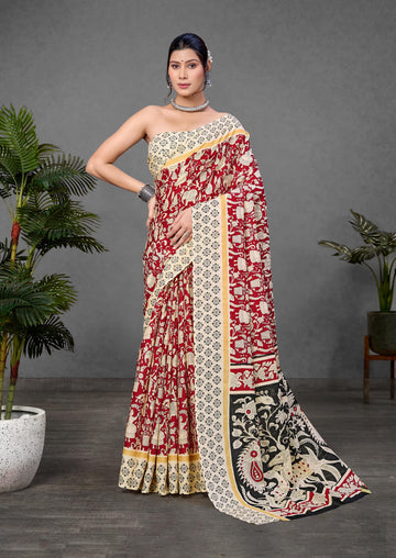 Maroon Pure Soft Cotton Kalamkari Block Print Saree