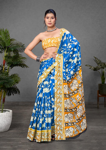 Royal Blue Pure Soft Cotton Kalamkari Block Print Saree