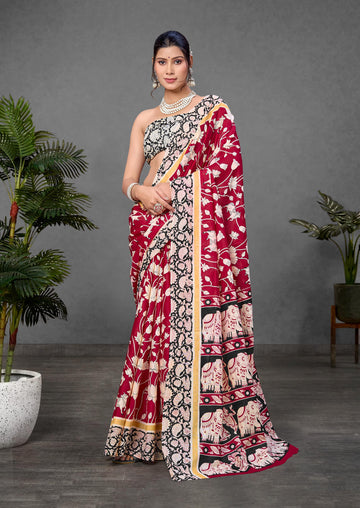 Red Pure Soft Cotton Kalamkari Block Print Saree