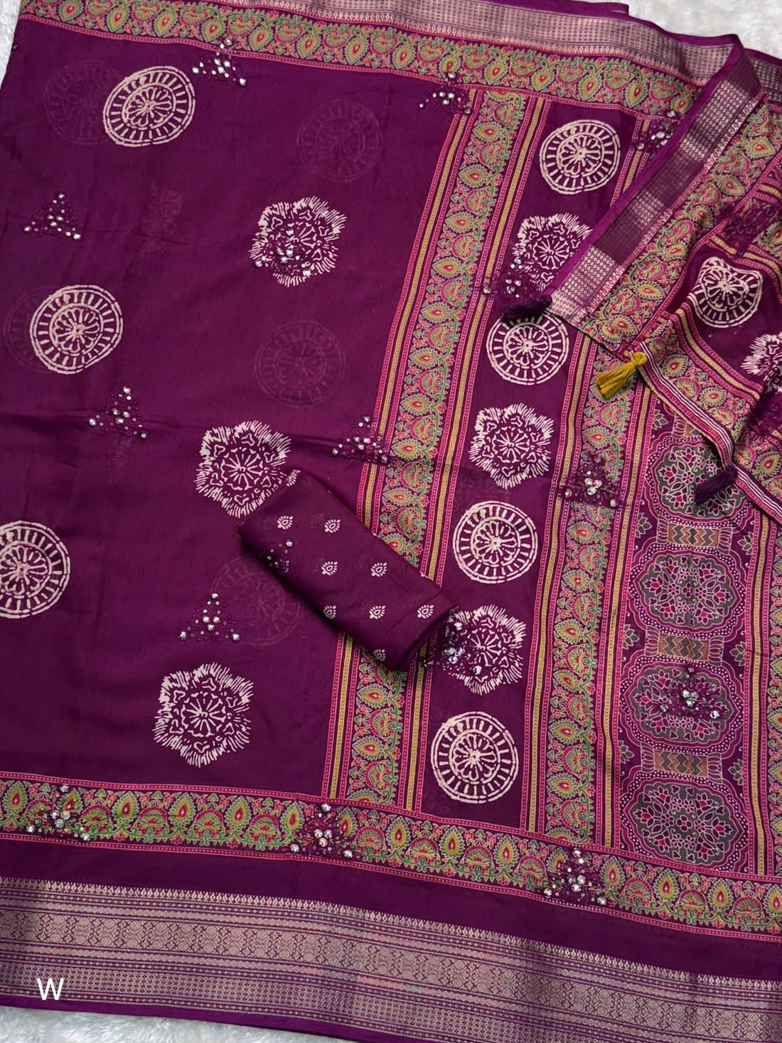 Wine Pure Mal Cotton Ajrakh Print Saree